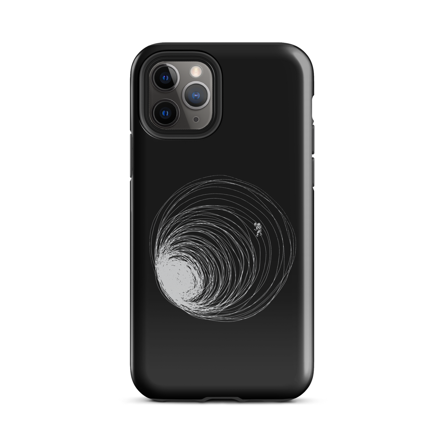 A big black hole with an astronaut floating around as if being sucked into it. A minimalist art perfect for those who love space.