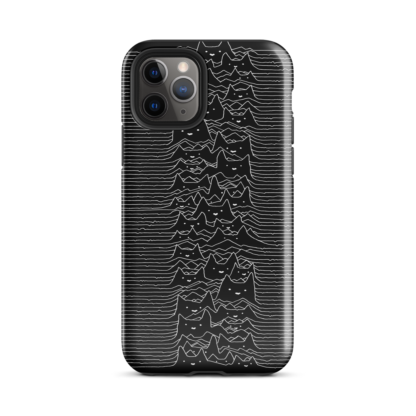 The drawing is a series of continuous wavy lines forming a pattern reminiscent of sound waves or topographic maps, but with an unexpected twist: the lines create the shapes of numerous cat faces stacked vertically. Each cat has simple, expressive features with pointed ears, adding a whimsical element to the otherwise structured pattern.