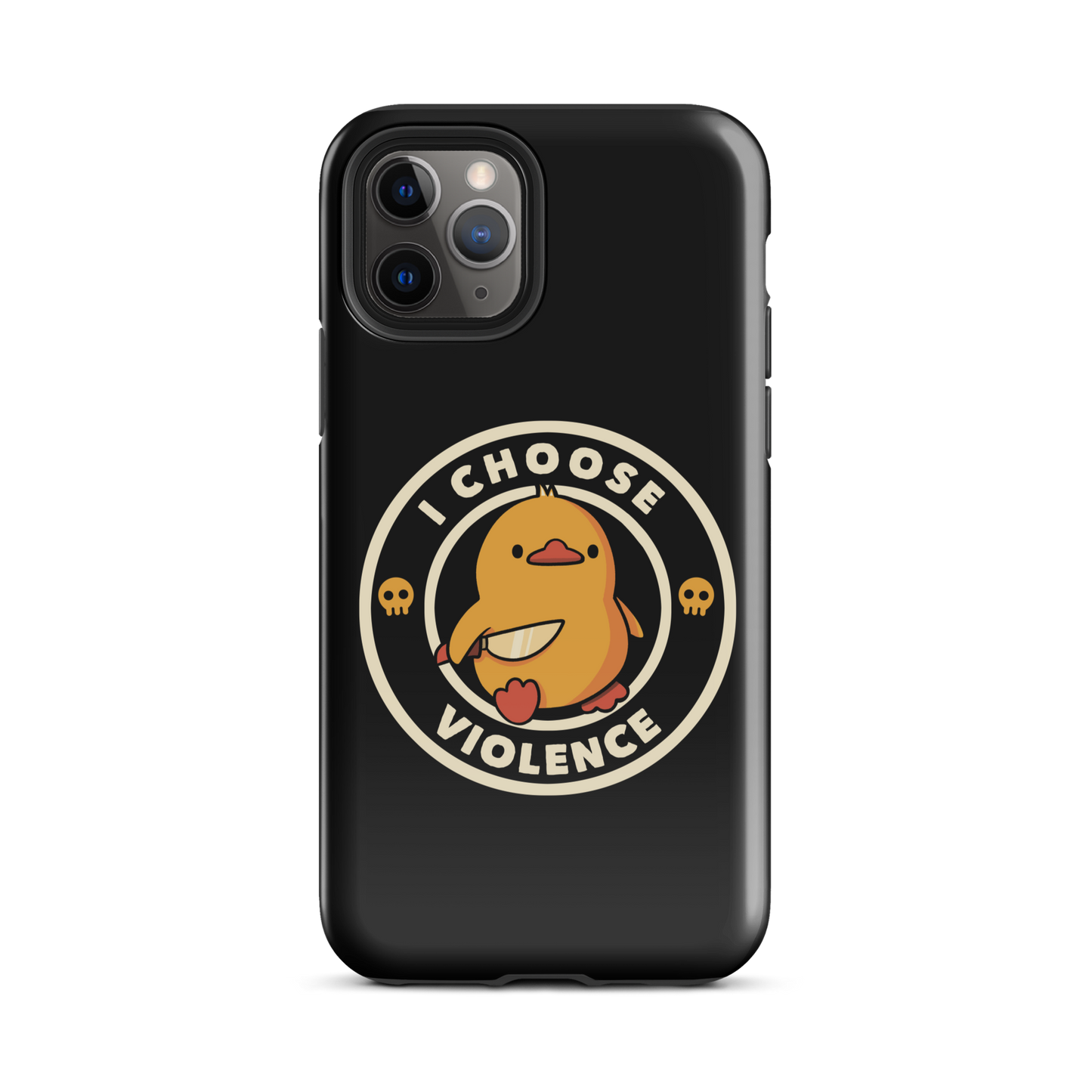 A cute, cartoon-style yellow duckling stands confidently holding a large knife in its wing. The duckling is encircled by text saying 'I CHOOSE VIOLENCE' in bold white letters. Small skull symbols flank the chick on either side, adding a touch of humor and irony to the otherwise adorable drawing.