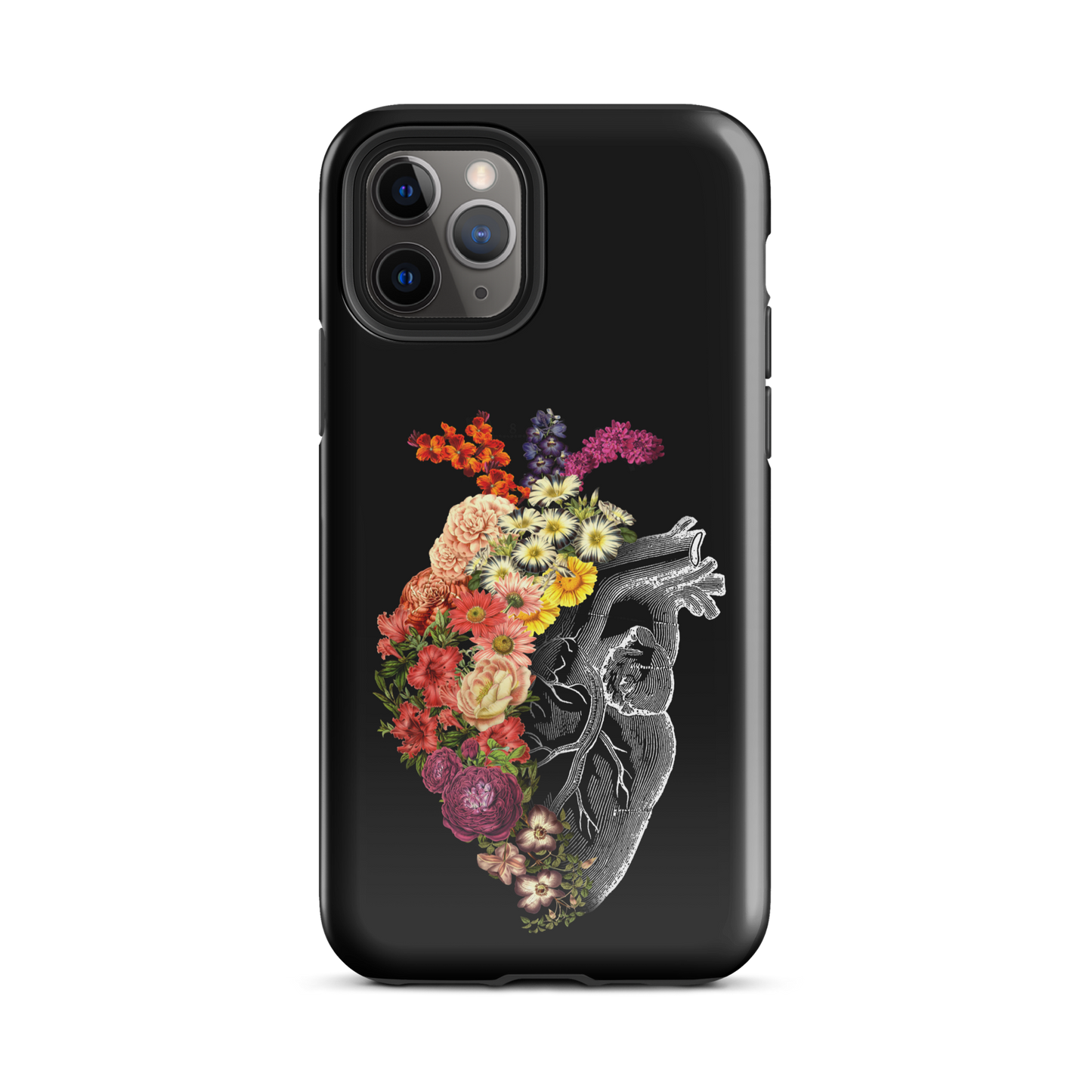 The design is an intricate and anatomical drawing of a human heart on a black background. The left side of the heart morphs into a vibrant assortment of colorful flowers, including roses, daisies, and other blooming blossoms, creating a striking contrast between the realistic and the surreal, symbolizing the harmony between nature and humanity.