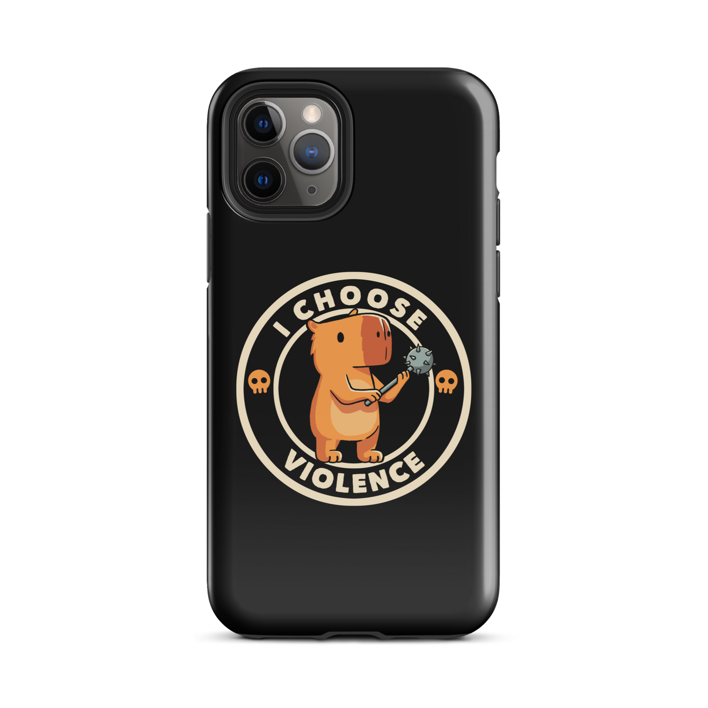 A cute, cartoonish burnt yellow capybara stands holding a spiked mace with a determined expression. Surrounding it is a circular design with the text 'I CHOOSE VIOLENCE' and two small skulls on either side, giving it a humorous yet ironic tone.