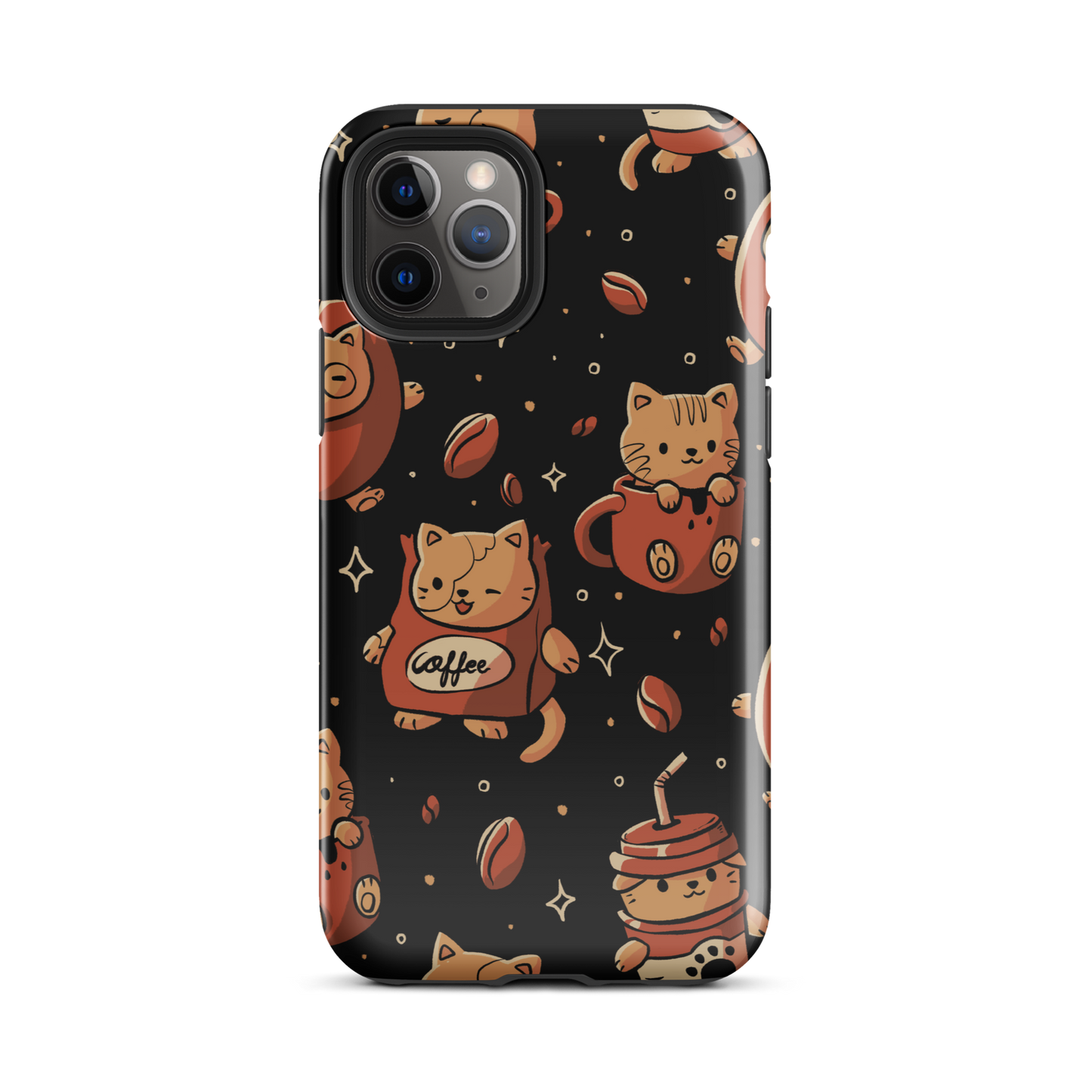 A pattern featuring several cute kittens appears in different coffee-themed versions: inside cups, as coffee beans, and on playful packaging. This artwork combines a love for cats and coffee in a charming and humorous composition. Perfect for cat lovers, coffee lovers, baristas, and anyone who enjoys cute and cozy designs.