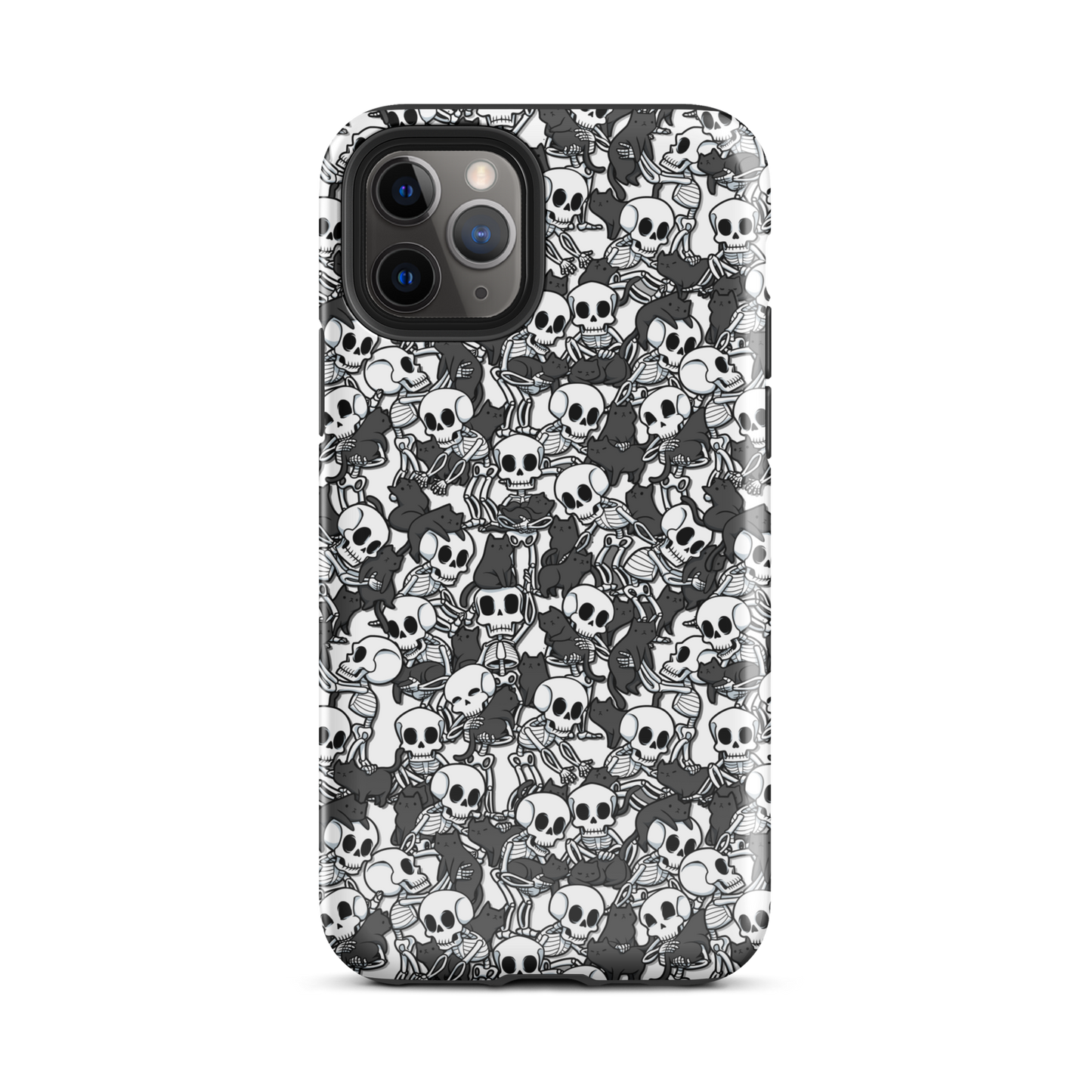 This artwork shows a playful pattern of cartoon skeletons cuddling and interacting with adorable black cats. It blends spooky charm with cozy, humorous vibes, creating a perfect aesthetic between macabre and cute. Ideal for fans of Halloween, gothic aesthetics, or anyone who loves fun prints with personality.