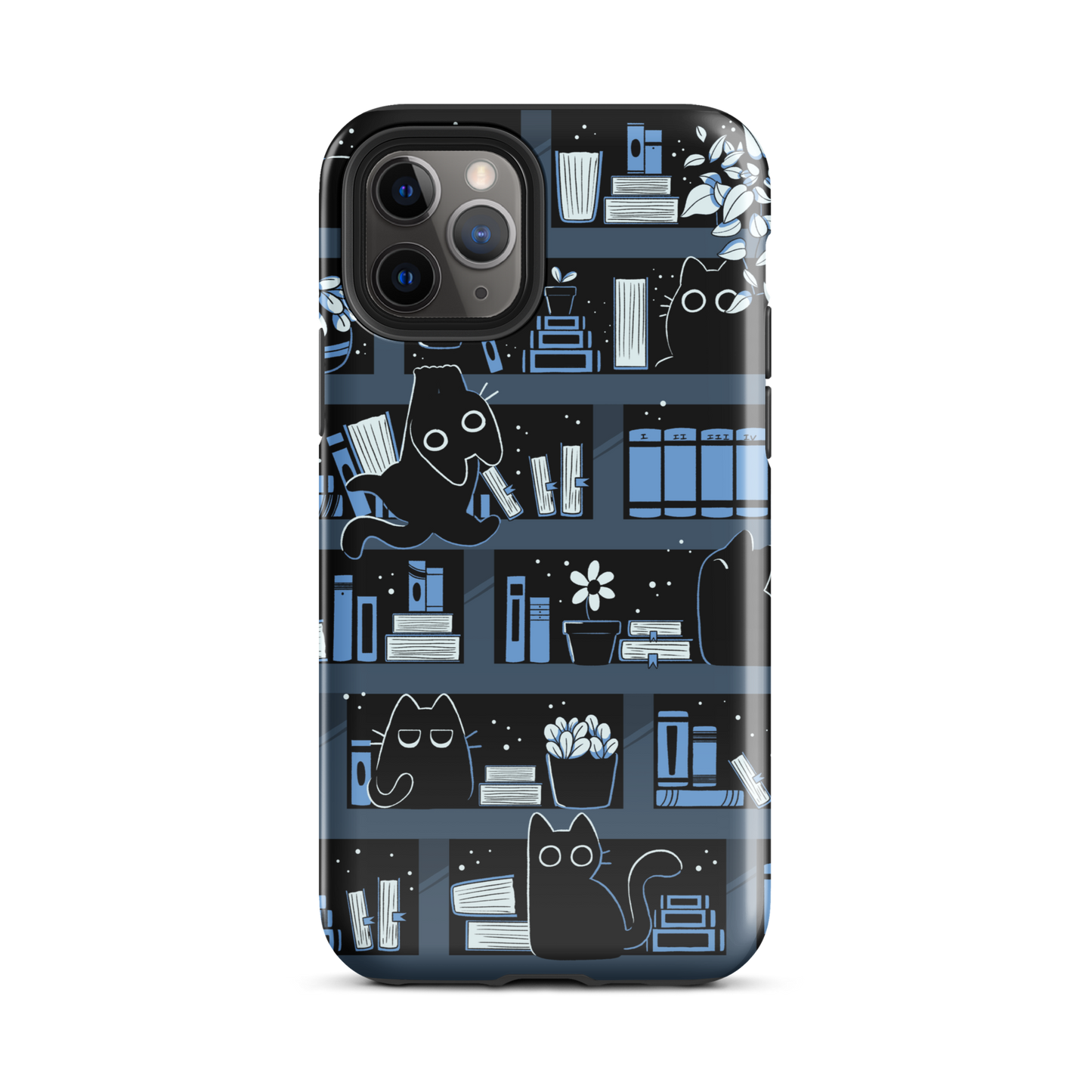 A pattern designed to resemble one large bookshelf filled with books, plants and playful little black kittens tucked between the shelves. An artwork in shades of black and blue, perfect for those who love cats, books and plants.