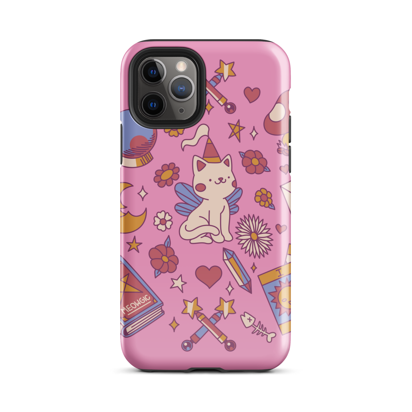 The artwork depicts a magical kitten with wings and a little hat, surrounded by crystals, flowers, tarot cards, mushrooms, and mystical elements in pastel shades. The design blends cute fantasy with colorful witchy aesthetics, creating an enchanting, lighthearted composition full of fun details. Perfect for lovers of cute mysticism, tarot, magical cats, and anyone who enjoys colorful prints with a magical vibe.