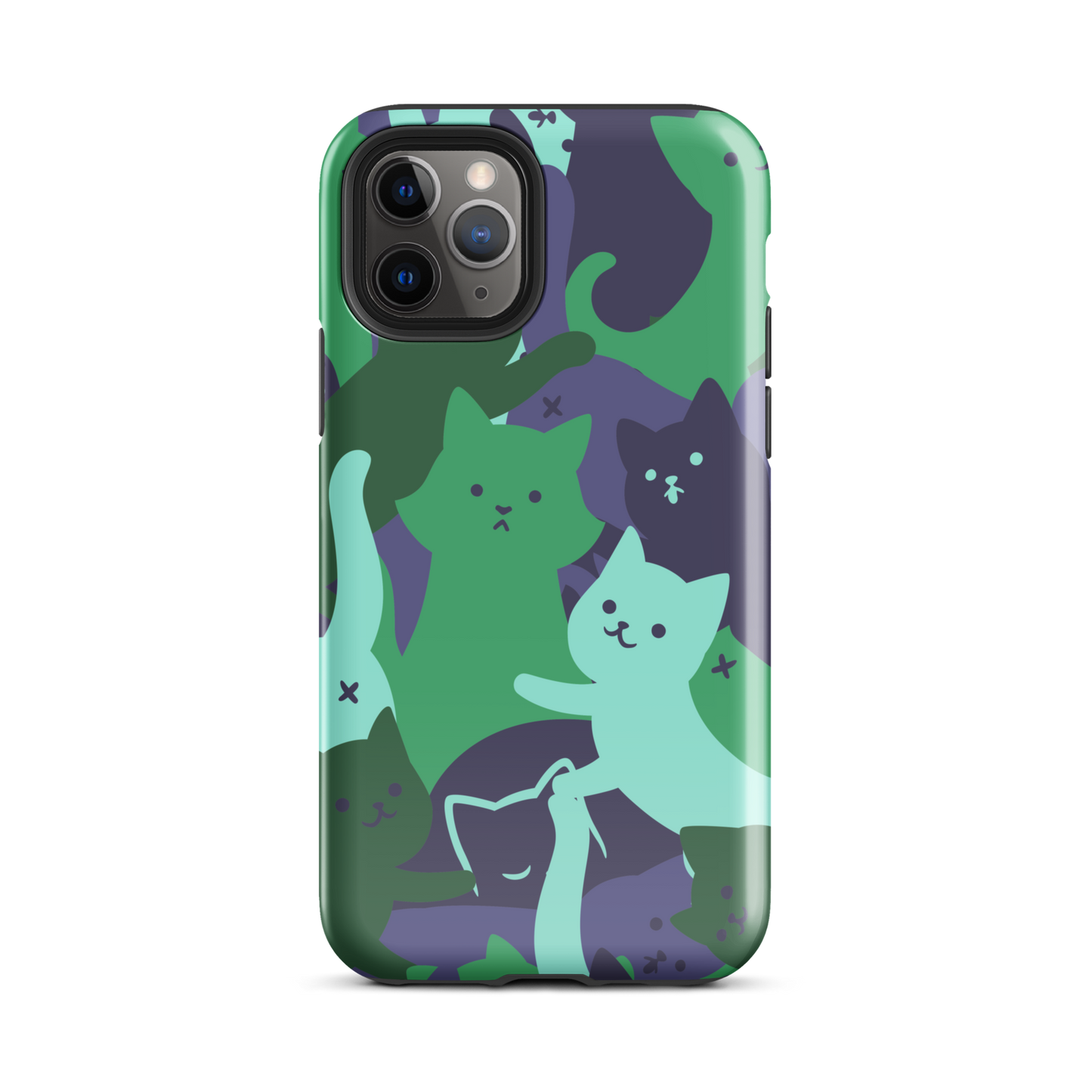 A playful pattern featuring multiple kittens in shades of green and blue, arranged to create a soft camouflage effect. This design blends cute cats with a modern pattern aesthetic, perfect for fans of fun, stylish, and whimsical art.