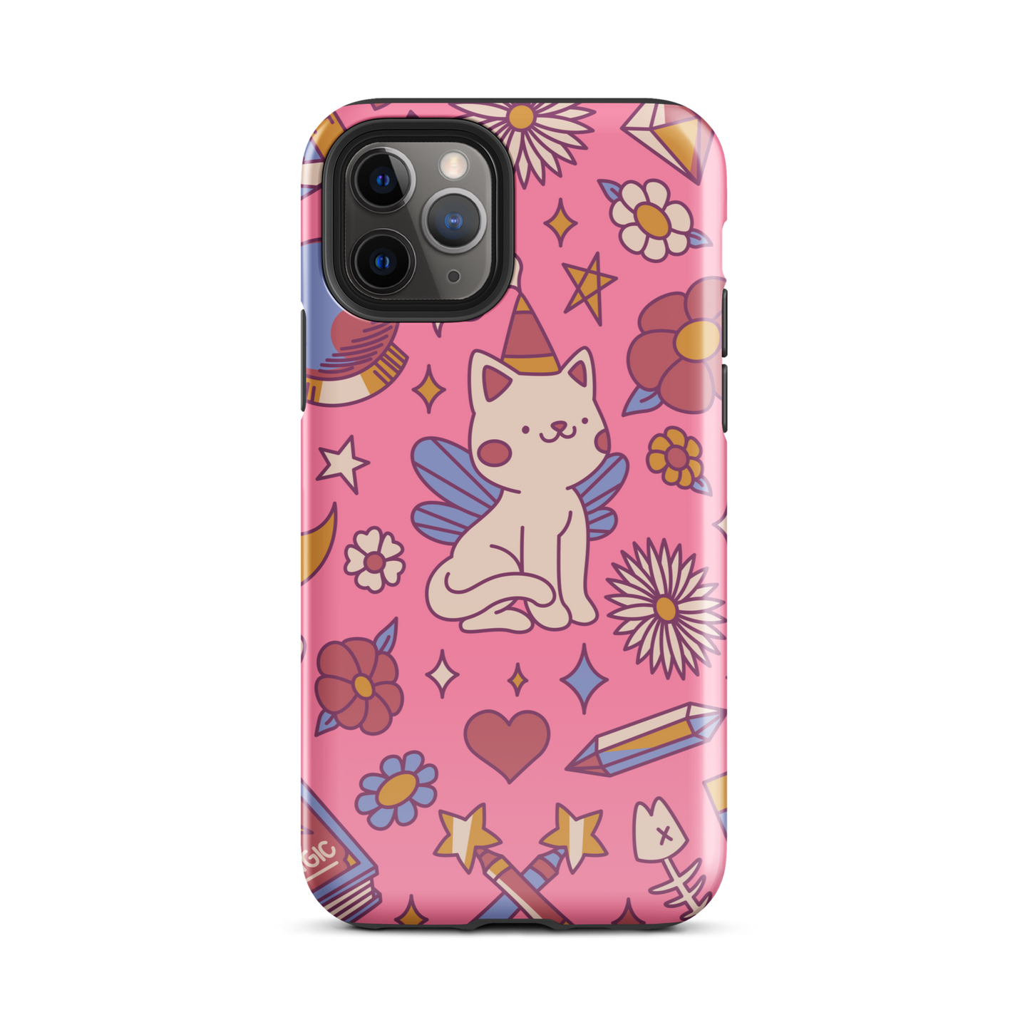 A seamless pattern featuring a magical winged kitten surrounded by crystals, flowers, tarot cards, mushrooms and other mystical elements in soft pastel tones. A playful and whimsical design with a cute, magical vibe.