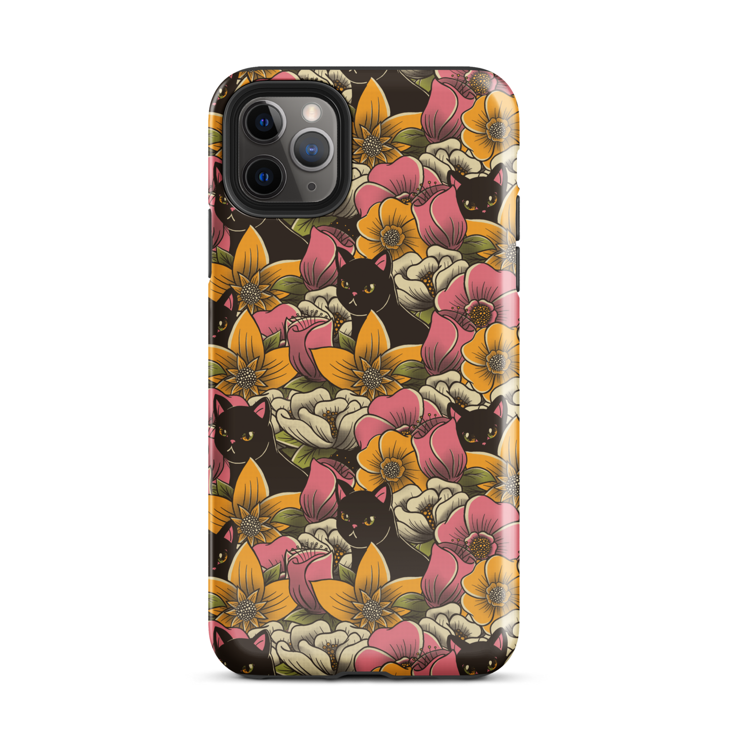 The image features a repeating pattern of colorful flowers in pink, yellow, and cream hues with lush green foliage. Interspersed among the flowers are playful black cats with bright eyes. The design has a whimsical and vibrant feel, ideal for various products like t-shirts, stickers, coffee cups, and skateboards. The style is reminiscent of traditional floral art blended with playful elements of animal decor.