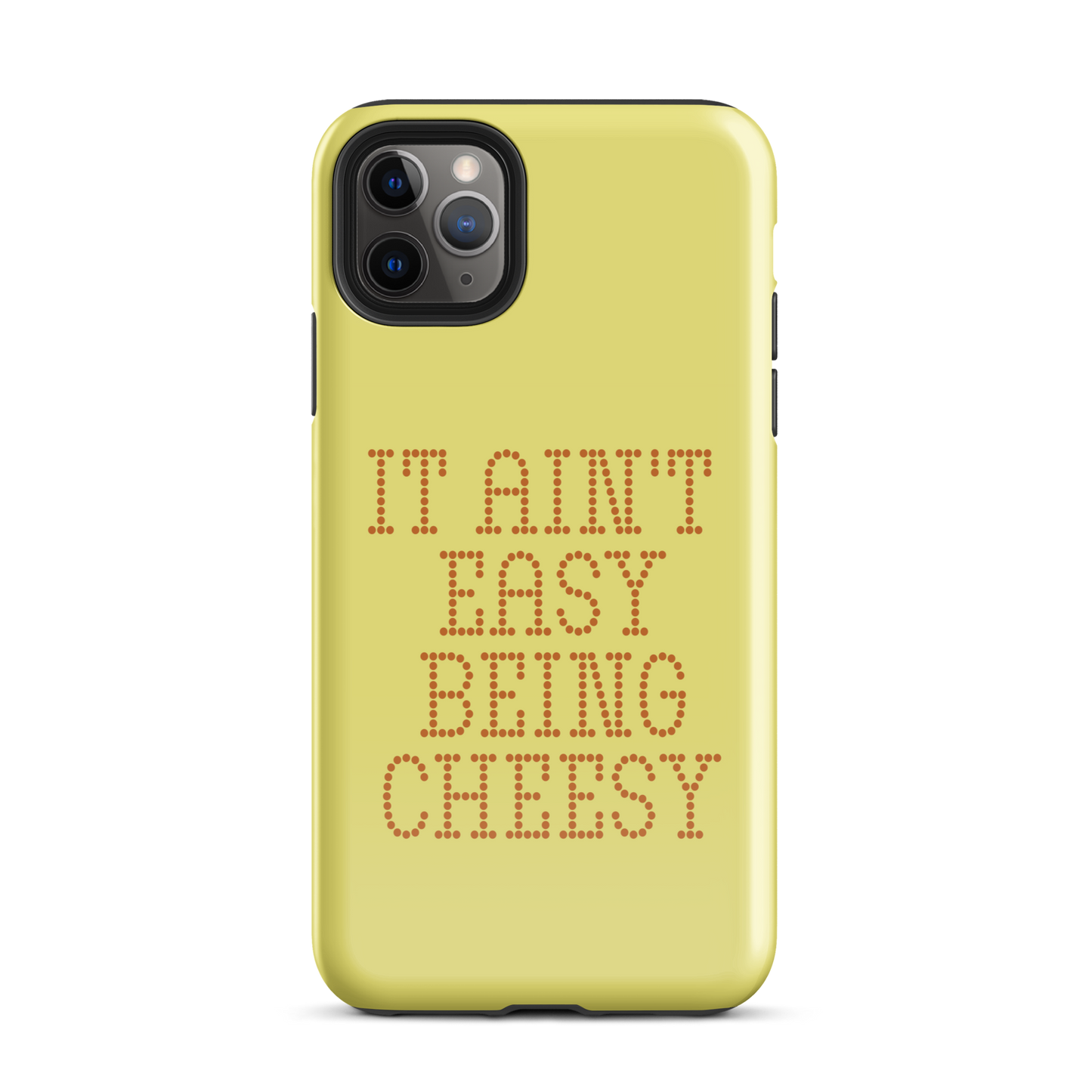 Bold dotted typography spells out ‘It Ain’t Easy Being Cheesy’ in a playful retro style on a yellow background. This funny design mixes wordplay with foodie humor, perfect for pun lovers, cheese fans, retro humor enthusiasts, and anyone who embraces the cringe with pride. A great quirky gift for cheese lovers and humor fans alike.