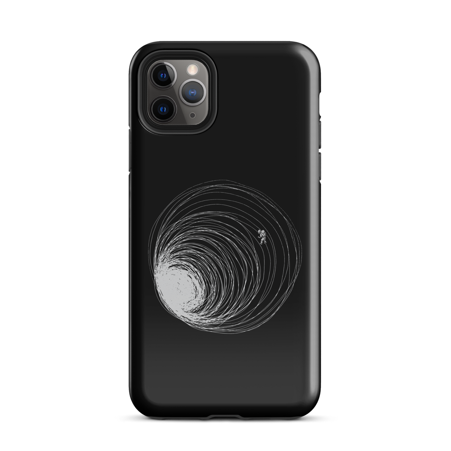 A big black hole with an astronaut floating around as if being sucked into it. A minimalist art perfect for those who love space.