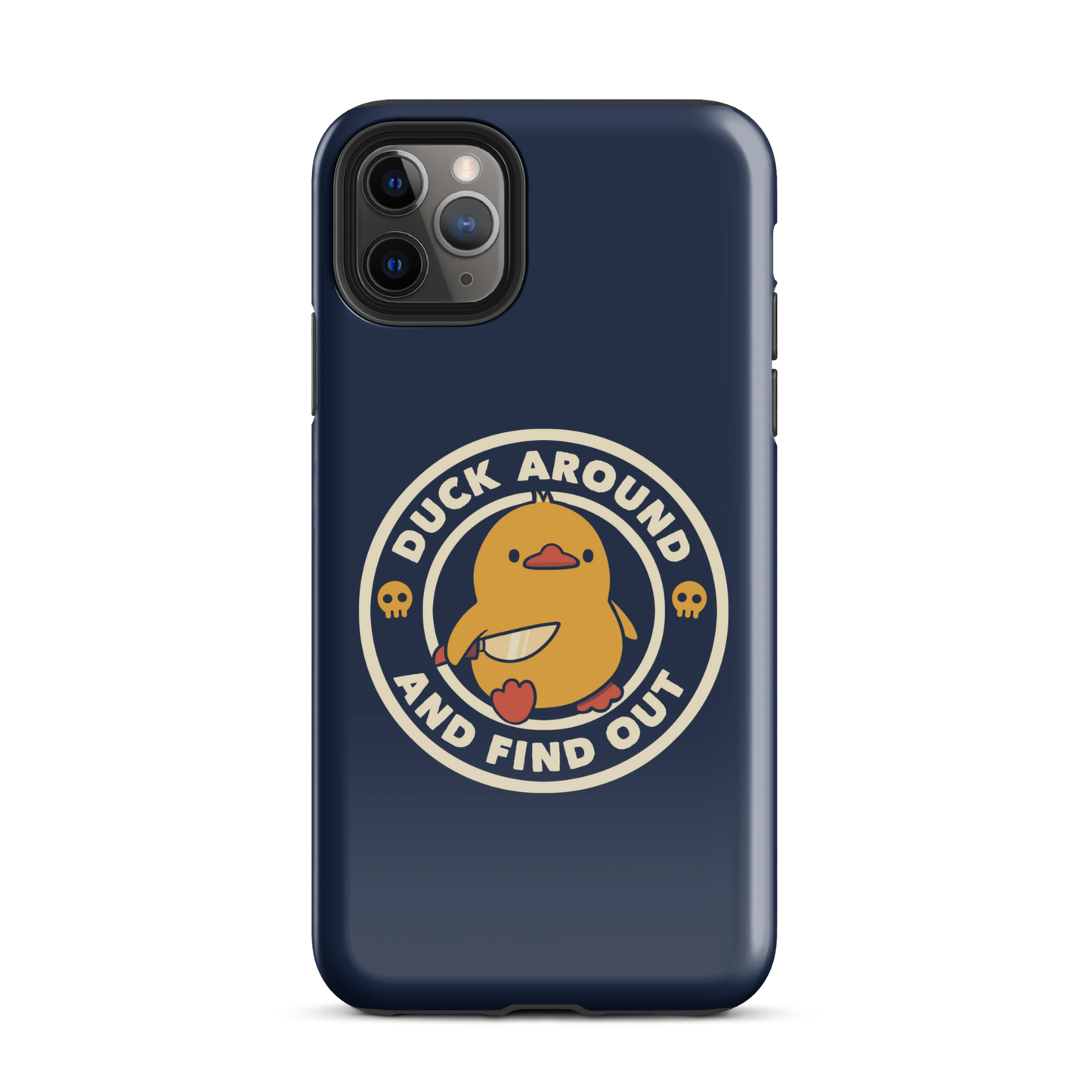 A cute yellow duck holding a small knife, around it the text "Duck Around And Find Out". An art that mixes humor with the temperament of ducks.