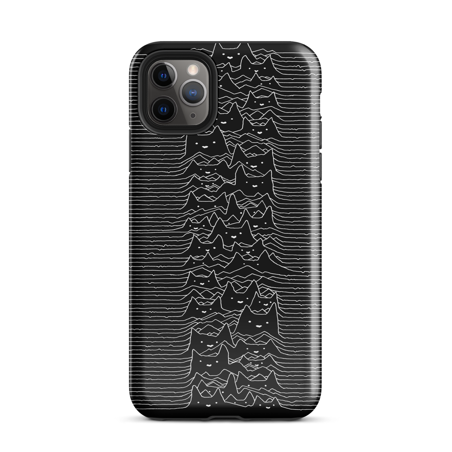 The drawing is a series of continuous wavy lines forming a pattern reminiscent of sound waves or topographic maps, but with an unexpected twist: the lines create the shapes of numerous cat faces stacked vertically. Each cat has simple, expressive features with pointed ears, adding a whimsical element to the otherwise structured pattern.