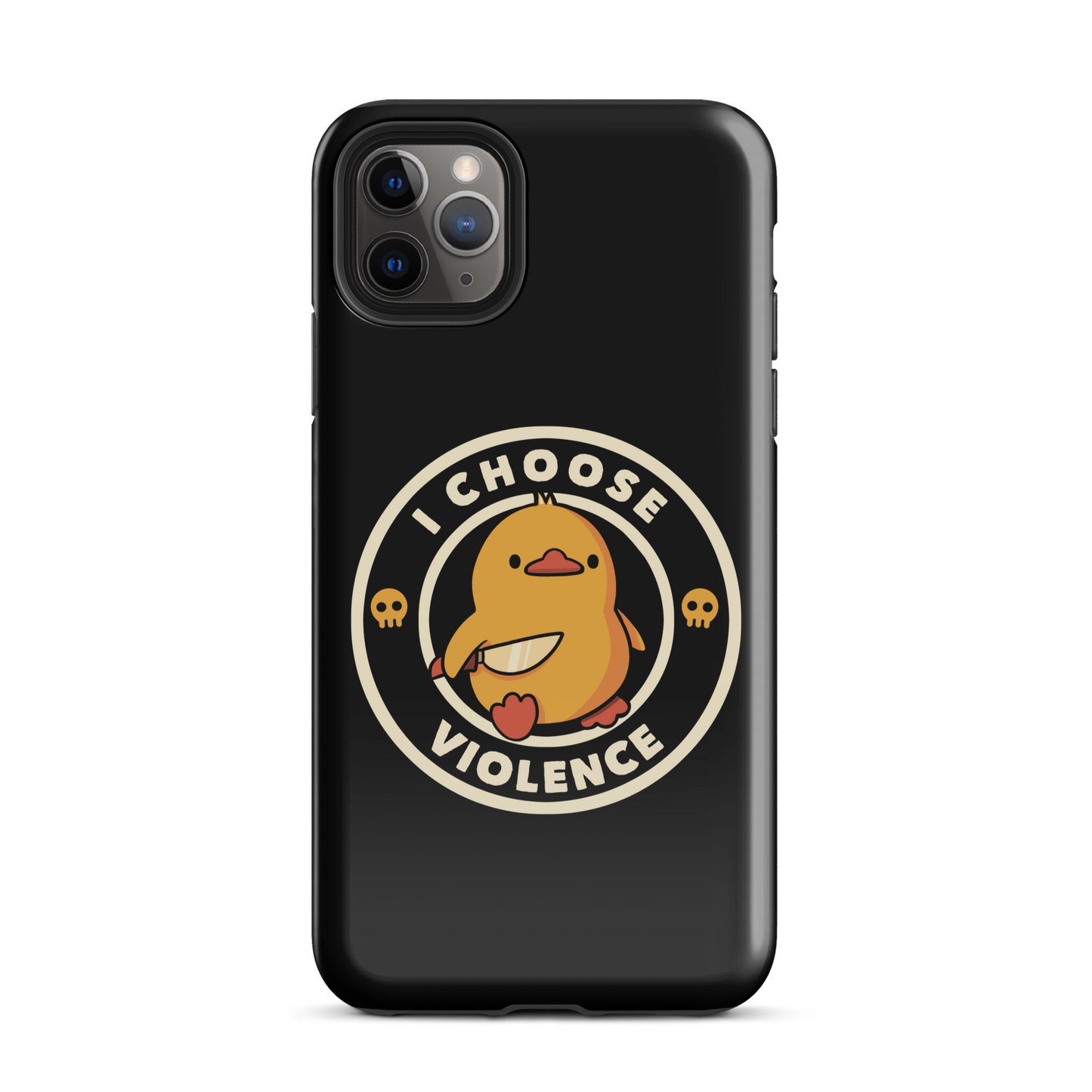 A cute, cartoon-style yellow duckling stands confidently holding a large knife in its wing. The duckling is encircled by text saying 'I CHOOSE VIOLENCE' in bold white letters. Small skull symbols flank the chick on either side, adding a touch of humor and irony to the otherwise adorable drawing.