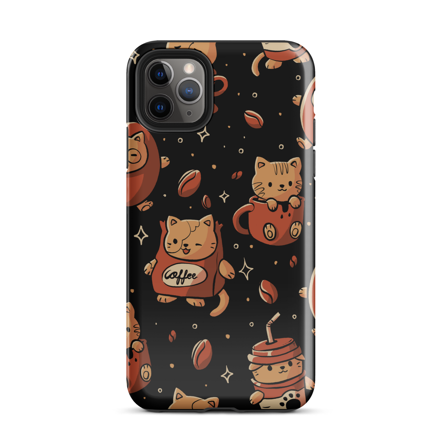 A pattern featuring several cute kittens appears in different coffee-themed versions: inside cups, as coffee beans, and on playful packaging. This artwork combines a love for cats and coffee in a charming and humorous composition. Perfect for cat lovers, coffee lovers, baristas, and anyone who enjoys cute and cozy designs.
