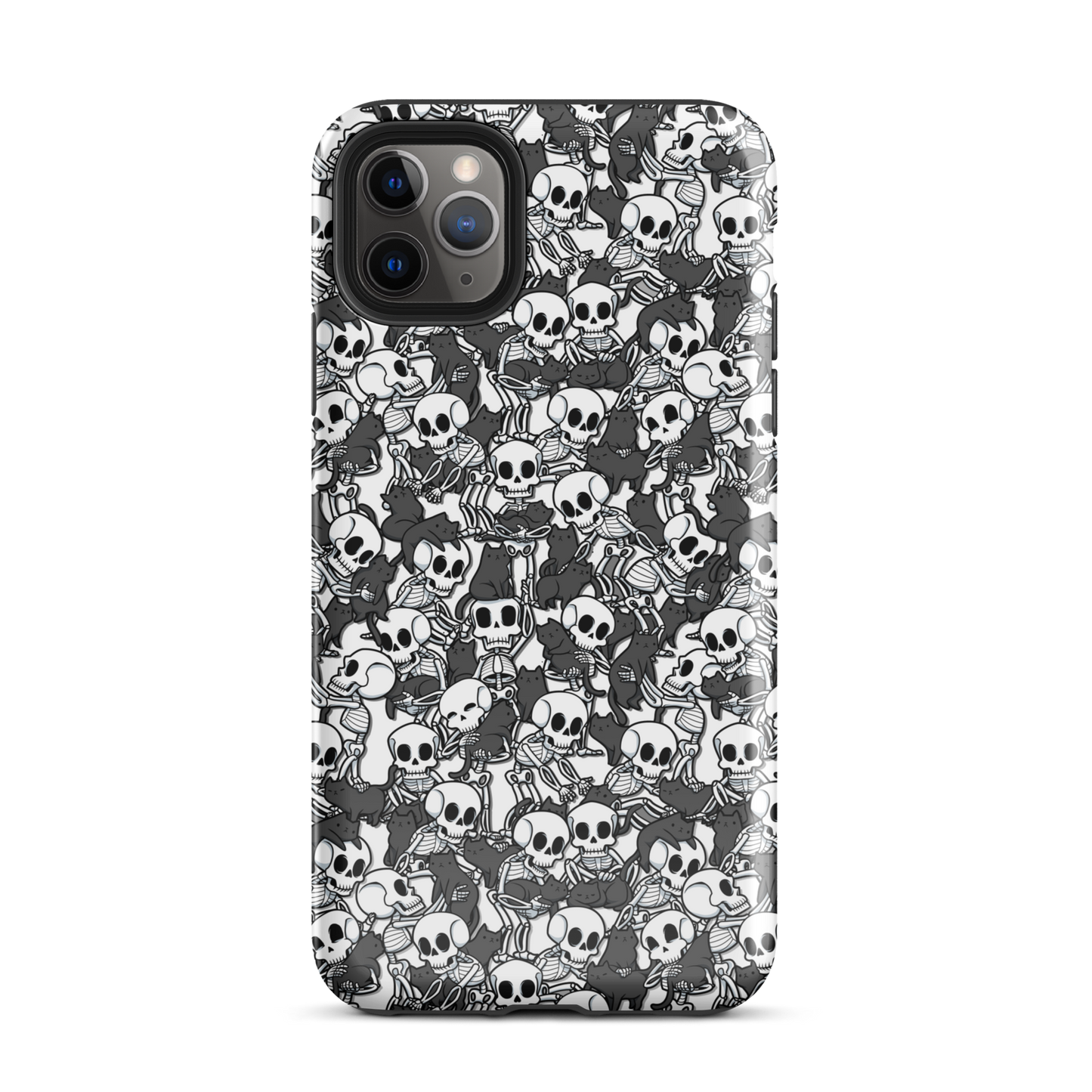 This artwork shows a playful pattern of cartoon skeletons cuddling and interacting with adorable black cats. It blends spooky charm with cozy, humorous vibes, creating a perfect aesthetic between macabre and cute. Ideal for fans of Halloween, gothic aesthetics, or anyone who loves fun prints with personality.