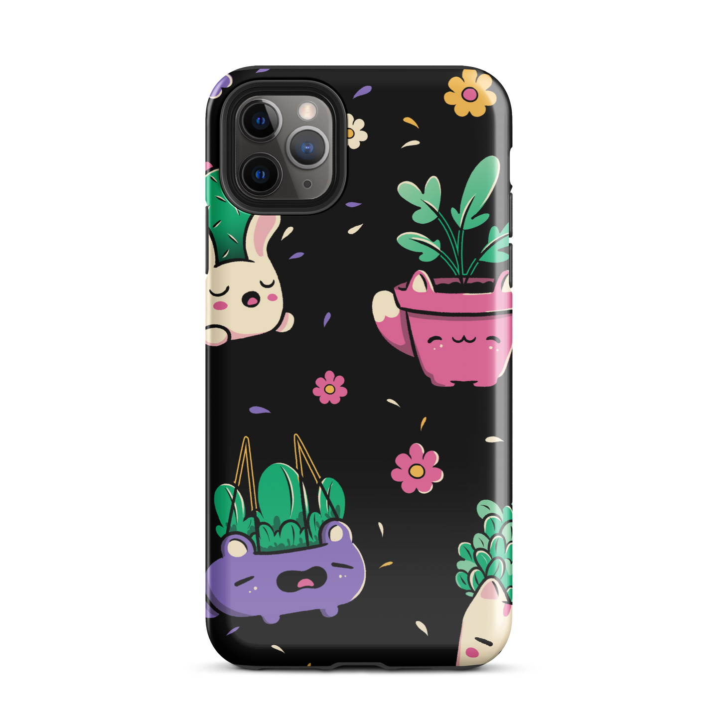 An endearing pattern featuring petite potted plants creatively shaped like adorable animals, arranged in a charming repeating composition. This enchanting design is perfect for plant enthusiasts who adore greenery and love surrounding themselves with whimsical, nature-inspired details.