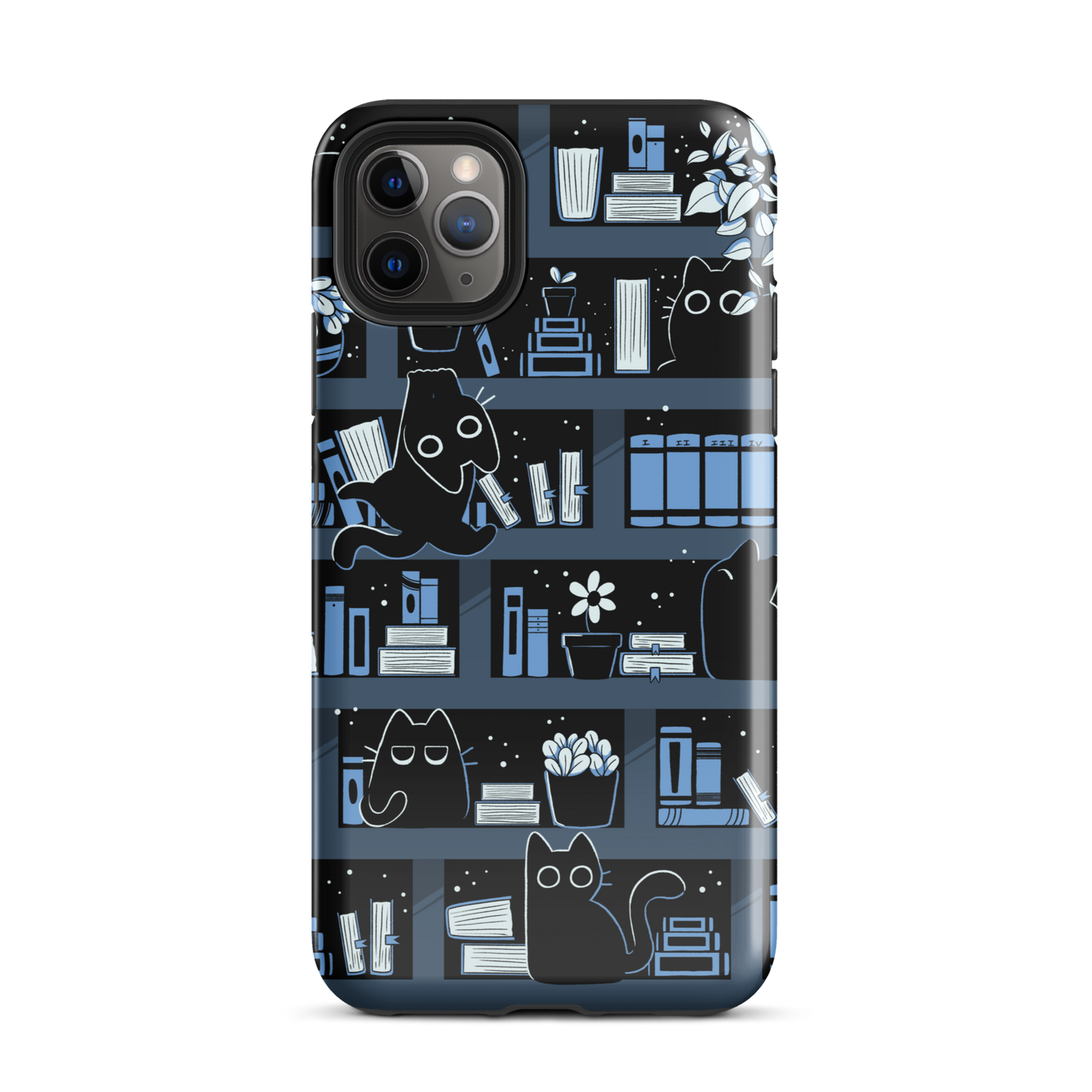 A pattern designed to resemble one large bookshelf filled with books, plants and playful little black kittens tucked between the shelves. An artwork in shades of black and blue, perfect for those who love cats, books and plants.