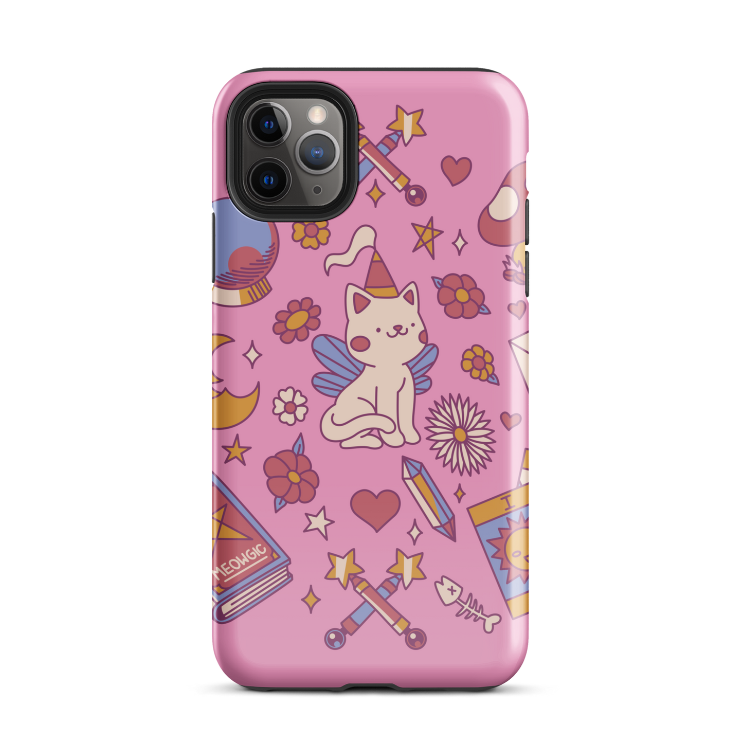 The artwork depicts a magical kitten with wings and a little hat, surrounded by crystals, flowers, tarot cards, mushrooms, and mystical elements in pastel shades. The design blends cute fantasy with colorful witchy aesthetics, creating an enchanting, lighthearted composition full of fun details. Perfect for lovers of cute mysticism, tarot, magical cats, and anyone who enjoys colorful prints with a magical vibe.