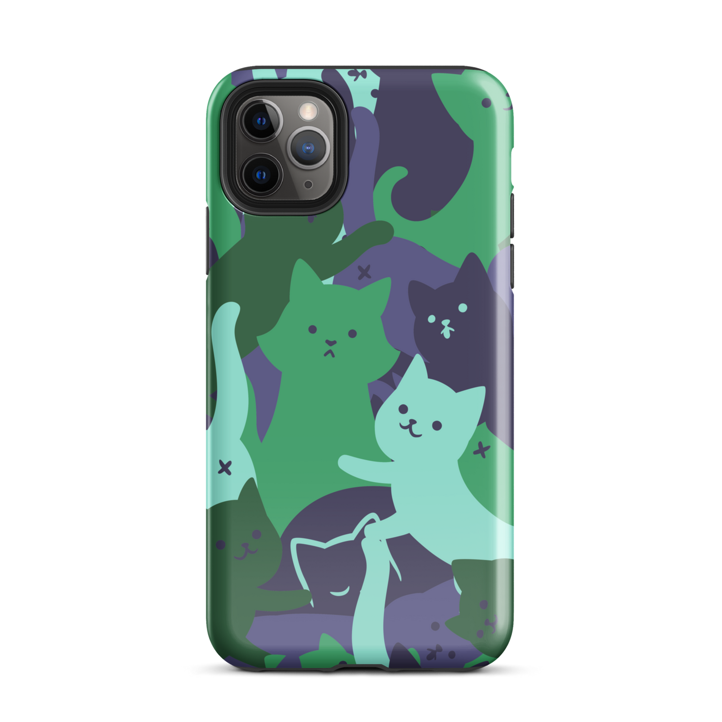 A playful pattern featuring multiple kittens in shades of green and blue, arranged to create a soft camouflage effect. This design blends cute cats with a modern pattern aesthetic, perfect for fans of fun, stylish, and whimsical art.