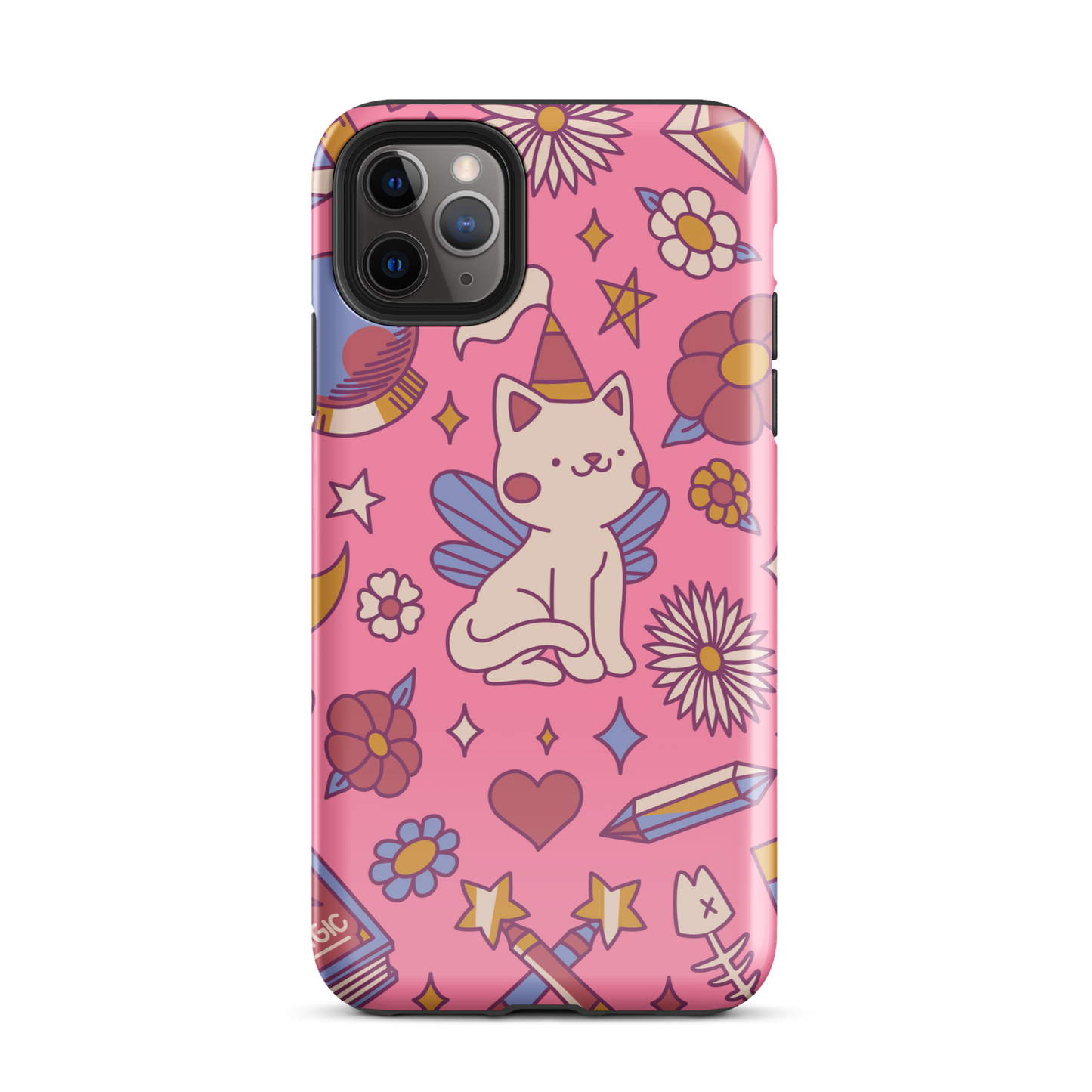 A seamless pattern featuring a magical winged kitten surrounded by crystals, flowers, tarot cards, mushrooms and other mystical elements in soft pastel tones. A playful and whimsical design with a cute, magical vibe.