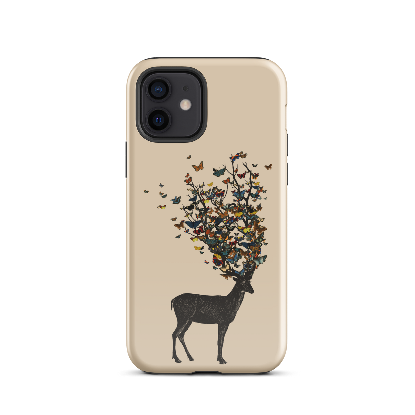 The image depicts a dark, silhouetted deer standing on a neutral background. Instead of branches, its antlers transform into a swirling cloud of vibrant, colorful butterflies that extend upwards and outward. The mix of organic and ethereal elements creates a captivating and whimsical visual contrast.