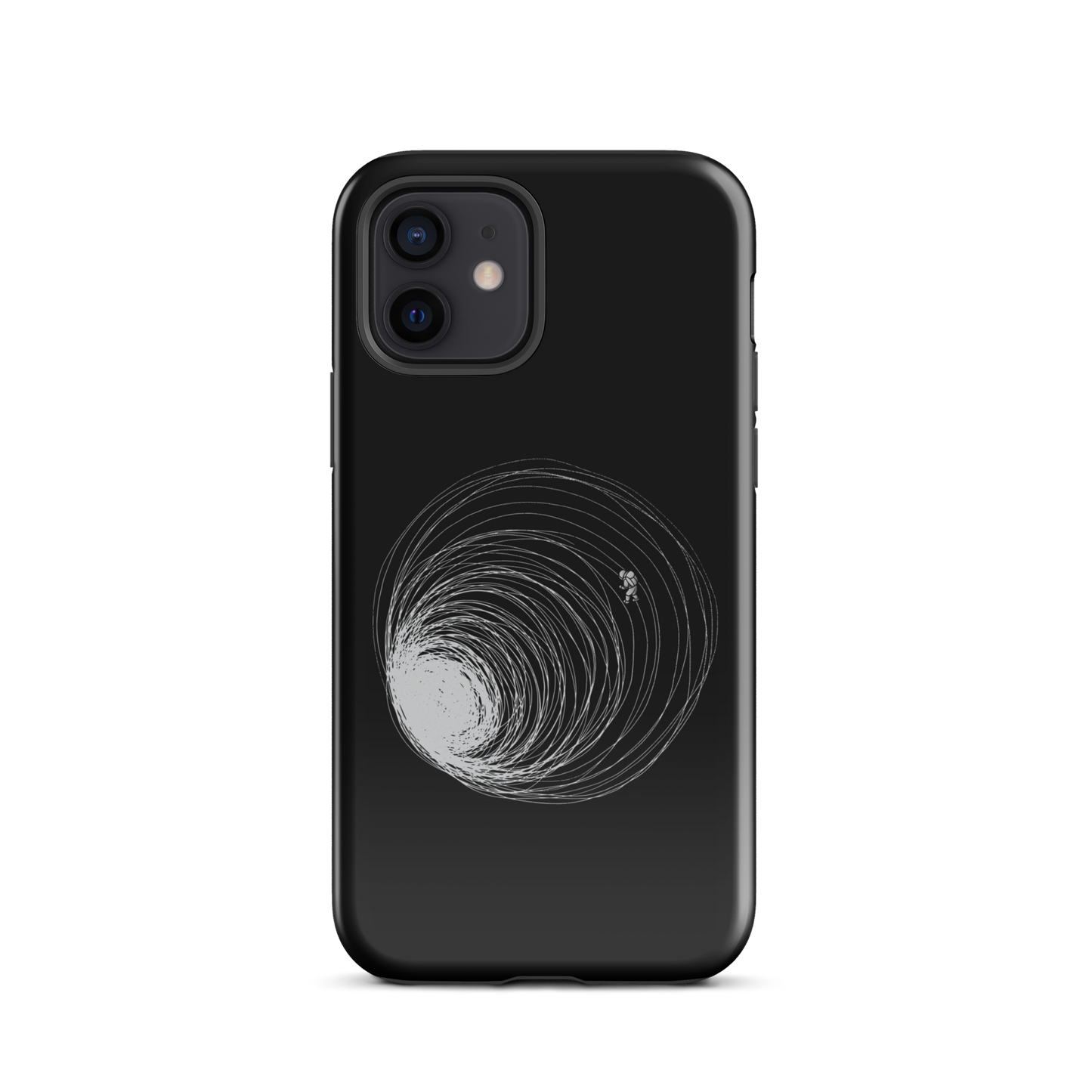 A big black hole with an astronaut floating around as if being sucked into it. A minimalist art perfect for those who love space.