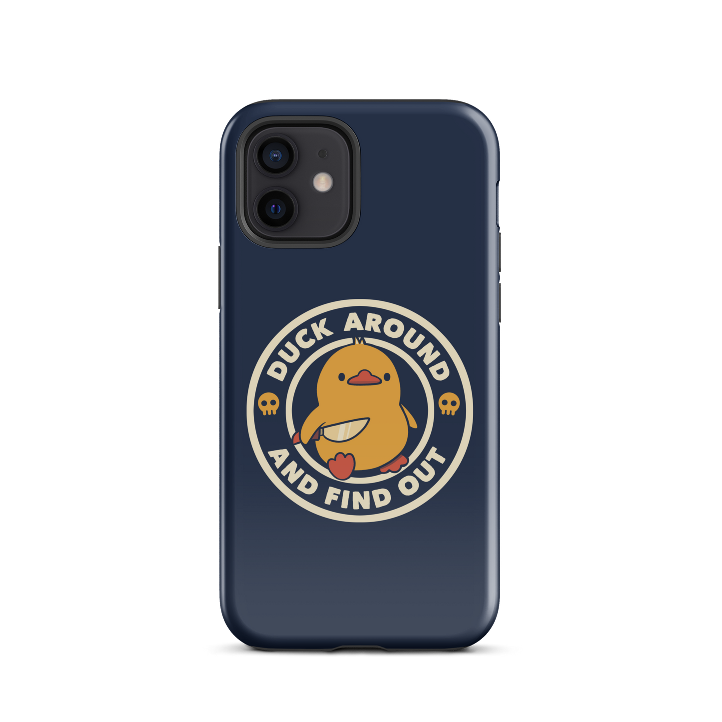 A cute yellow duck holding a small knife, around it the text "Duck Around And Find Out". An art that mixes humor with the temperament of ducks.