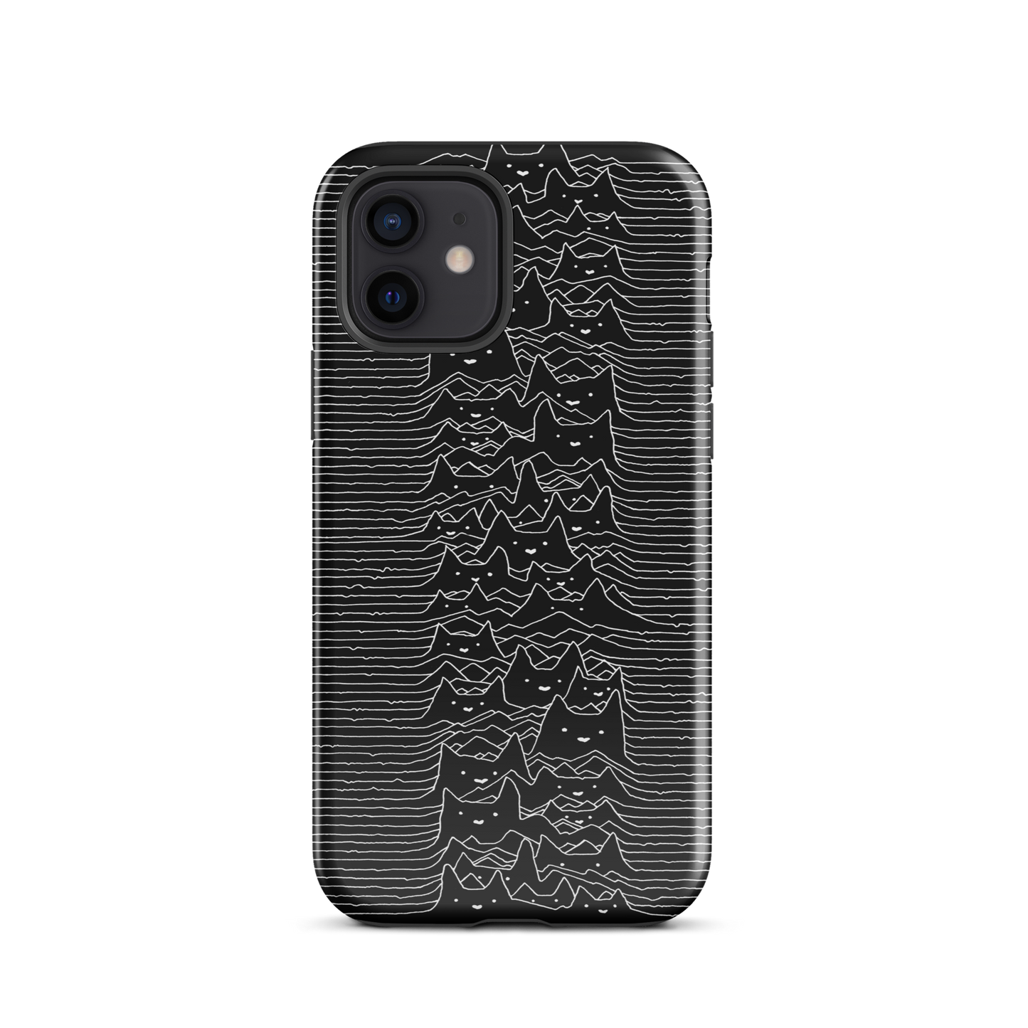 The drawing is a series of continuous wavy lines forming a pattern reminiscent of sound waves or topographic maps, but with an unexpected twist: the lines create the shapes of numerous cat faces stacked vertically. Each cat has simple, expressive features with pointed ears, adding a whimsical element to the otherwise structured pattern.