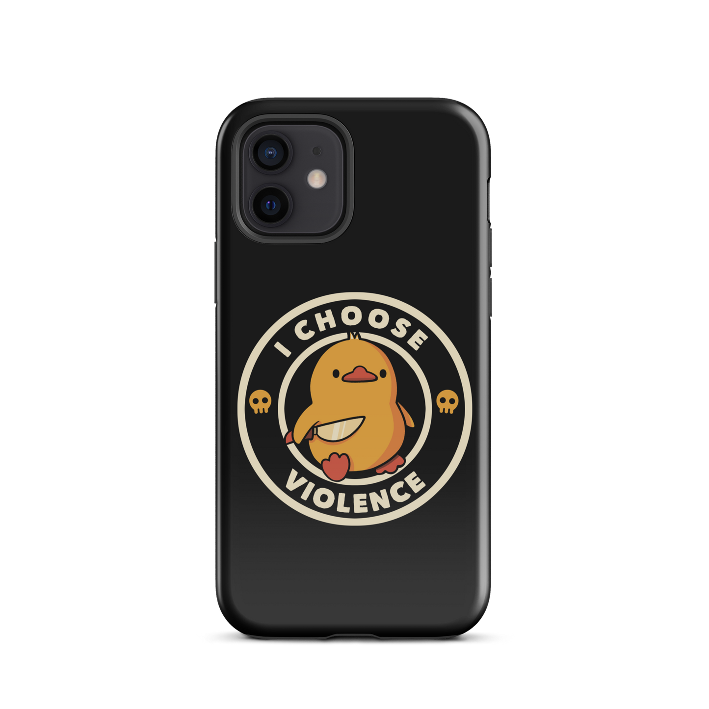 A cute, cartoon-style yellow duckling stands confidently holding a large knife in its wing. The duckling is encircled by text saying 'I CHOOSE VIOLENCE' in bold white letters. Small skull symbols flank the chick on either side, adding a touch of humor and irony to the otherwise adorable drawing.