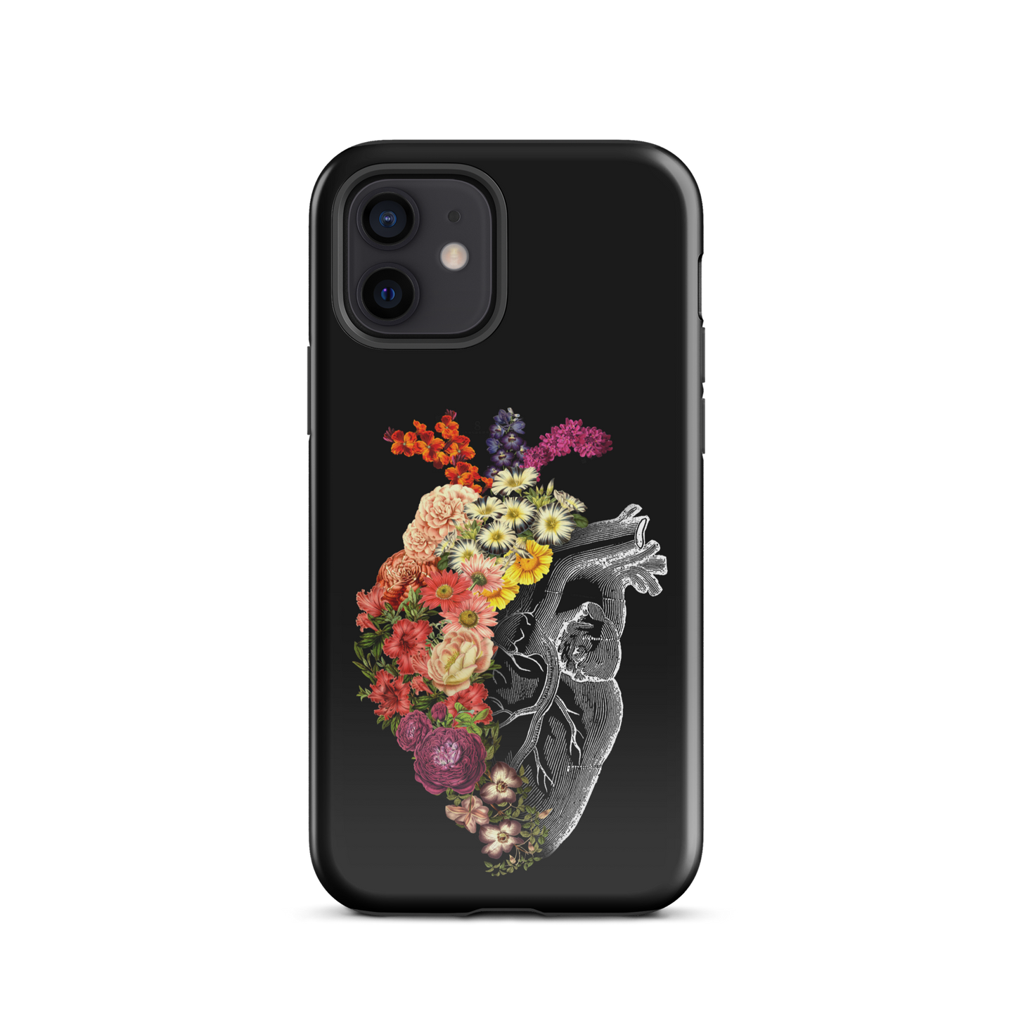 The design is an intricate and anatomical drawing of a human heart on a black background. The left side of the heart morphs into a vibrant assortment of colorful flowers, including roses, daisies, and other blooming blossoms, creating a striking contrast between the realistic and the surreal, symbolizing the harmony between nature and humanity.