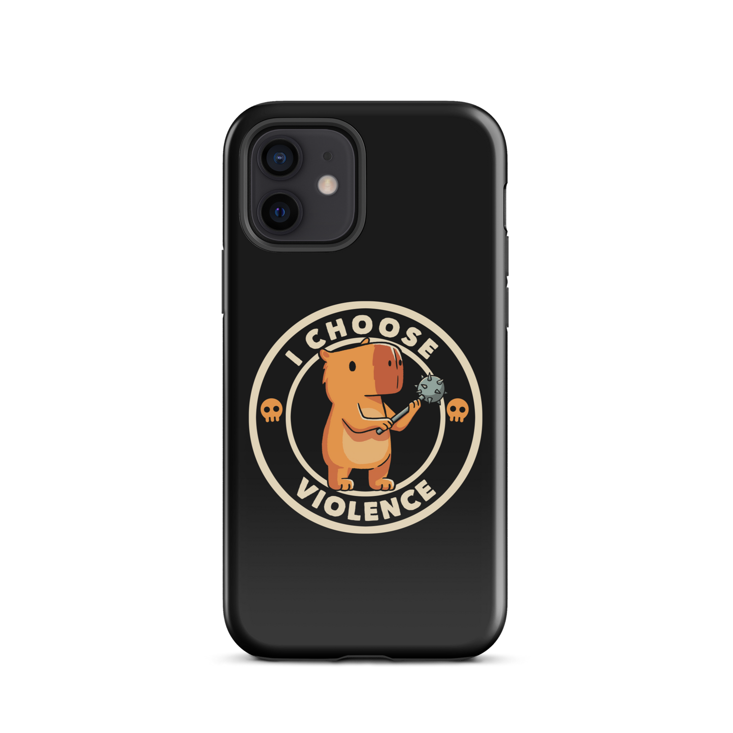 A cute, cartoonish burnt yellow capybara stands holding a spiked mace with a determined expression. Surrounding it is a circular design with the text 'I CHOOSE VIOLENCE' and two small skulls on either side, giving it a humorous yet ironic tone.