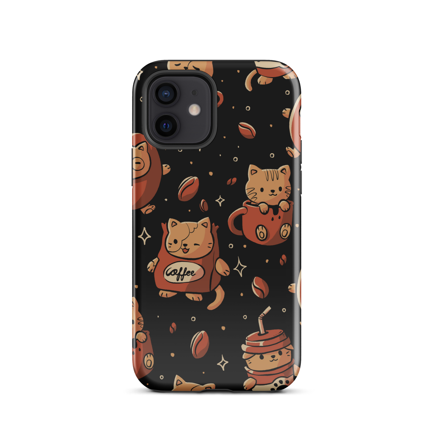 A pattern featuring several cute kittens appears in different coffee-themed versions: inside cups, as coffee beans, and on playful packaging. This artwork combines a love for cats and coffee in a charming and humorous composition. Perfect for cat lovers, coffee lovers, baristas, and anyone who enjoys cute and cozy designs.