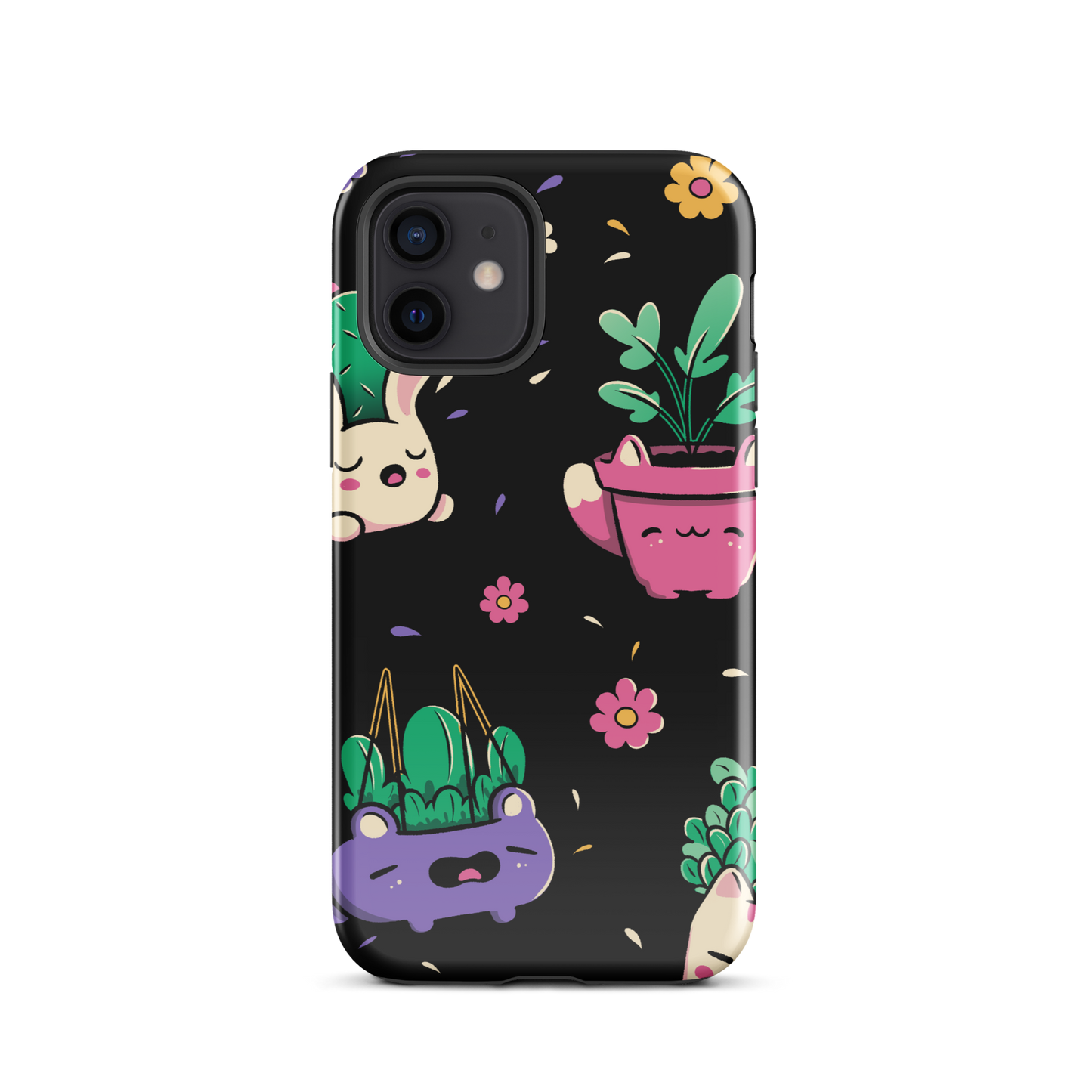 An endearing pattern featuring petite potted plants creatively shaped like adorable animals, arranged in a charming repeating composition. This enchanting design is perfect for plant enthusiasts who adore greenery and love surrounding themselves with whimsical, nature-inspired details.