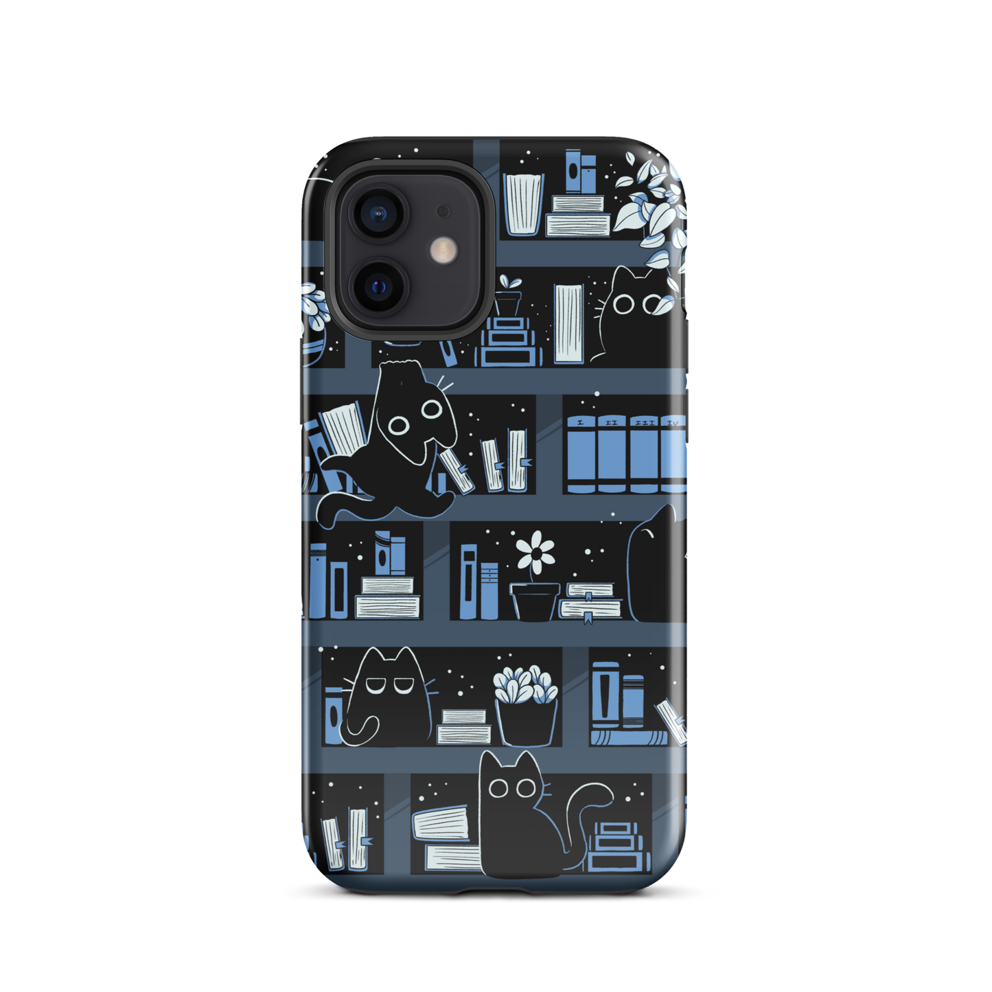 A pattern designed to resemble one large bookshelf filled with books, plants and playful little black kittens tucked between the shelves. An artwork in shades of black and blue, perfect for those who love cats, books and plants.