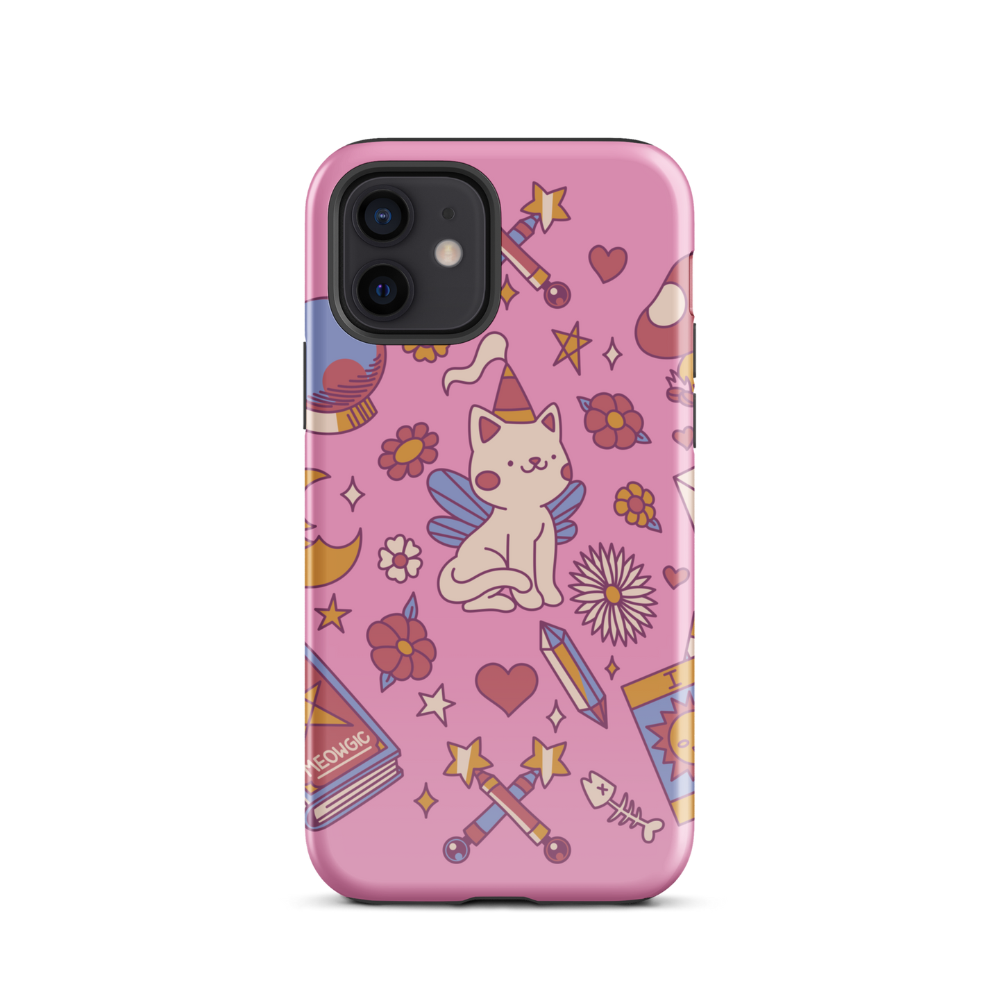 The artwork depicts a magical kitten with wings and a little hat, surrounded by crystals, flowers, tarot cards, mushrooms, and mystical elements in pastel shades. The design blends cute fantasy with colorful witchy aesthetics, creating an enchanting, lighthearted composition full of fun details. Perfect for lovers of cute mysticism, tarot, magical cats, and anyone who enjoys colorful prints with a magical vibe.
