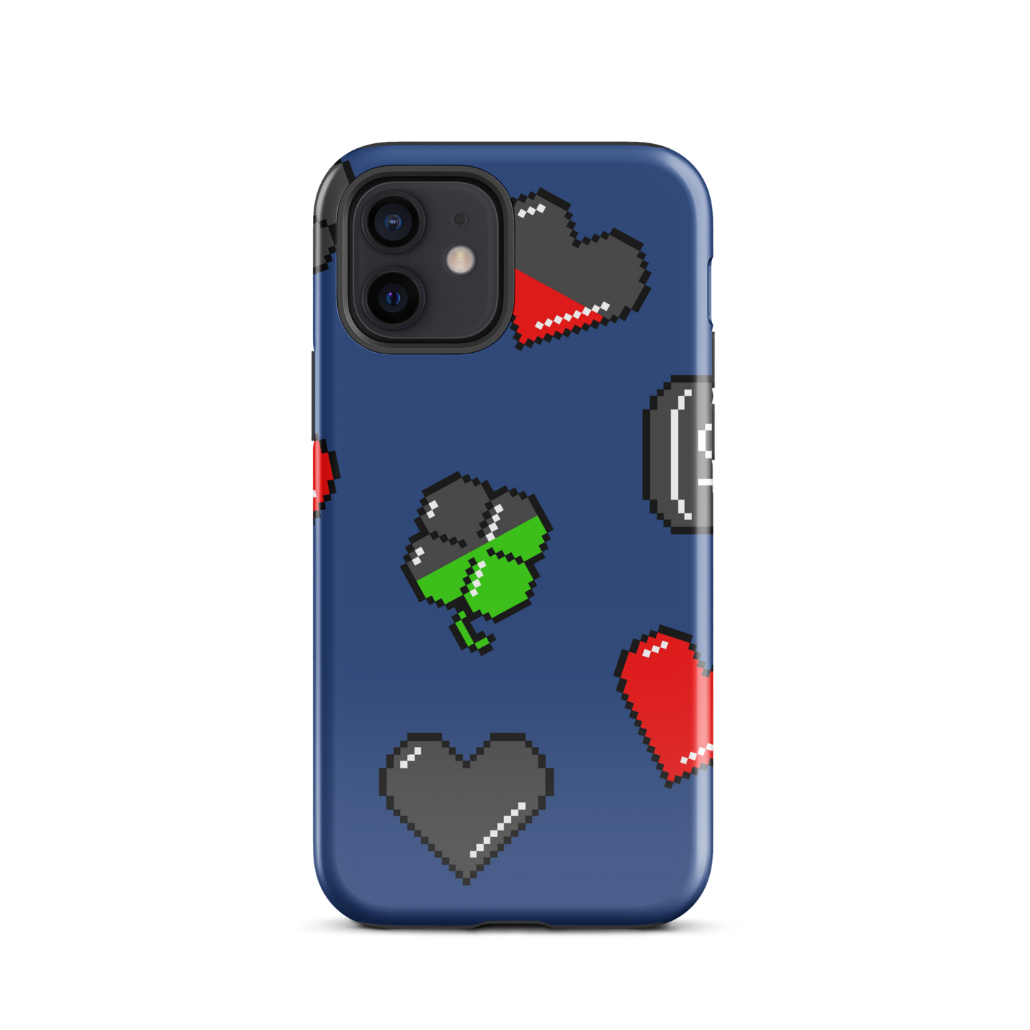 A repeating pattern made of 8-bit video game icons like hearts, four-leaf clovers, and coins. A nostalgic pixel art design inspired by classic games and retro digital culture.