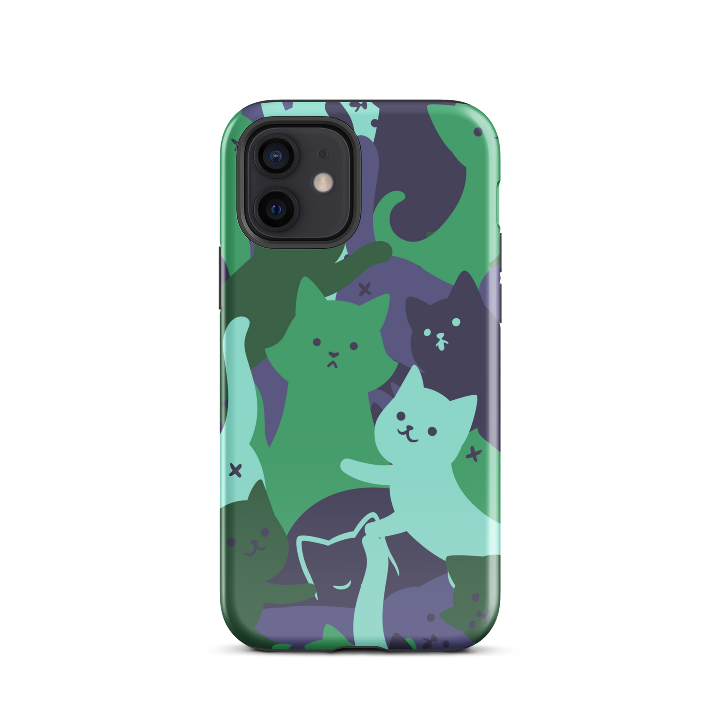 A playful pattern featuring multiple kittens in shades of green and blue, arranged to create a soft camouflage effect. This design blends cute cats with a modern pattern aesthetic, perfect for fans of fun, stylish, and whimsical art.