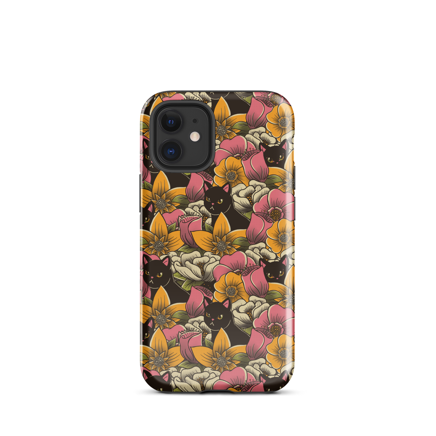 The image features a repeating pattern of colorful flowers in pink, yellow, and cream hues with lush green foliage. Interspersed among the flowers are playful black cats with bright eyes. The design has a whimsical and vibrant feel, ideal for various products like t-shirts, stickers, coffee cups, and skateboards. The style is reminiscent of traditional floral art blended with playful elements of animal decor.