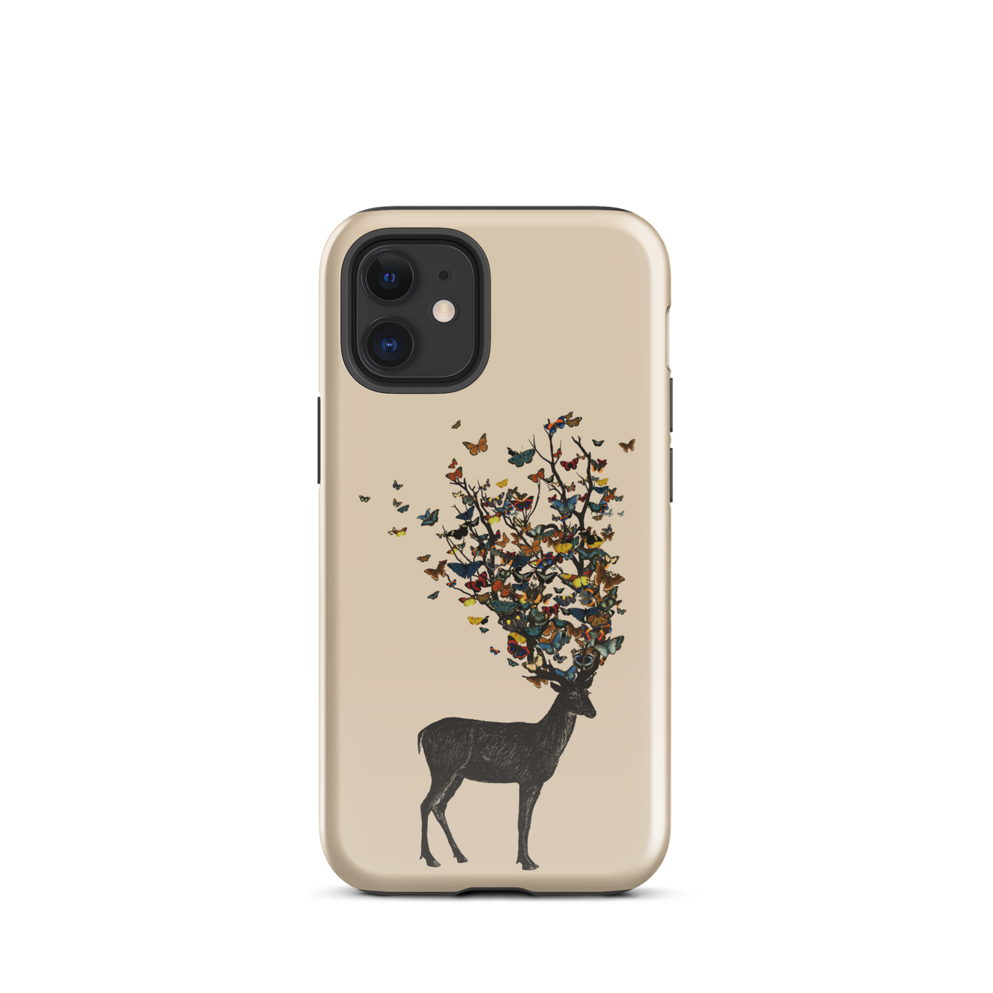 The image depicts a dark, silhouetted deer standing on a neutral background. Instead of branches, its antlers transform into a swirling cloud of vibrant, colorful butterflies that extend upwards and outward. The mix of organic and ethereal elements creates a captivating and whimsical visual contrast.