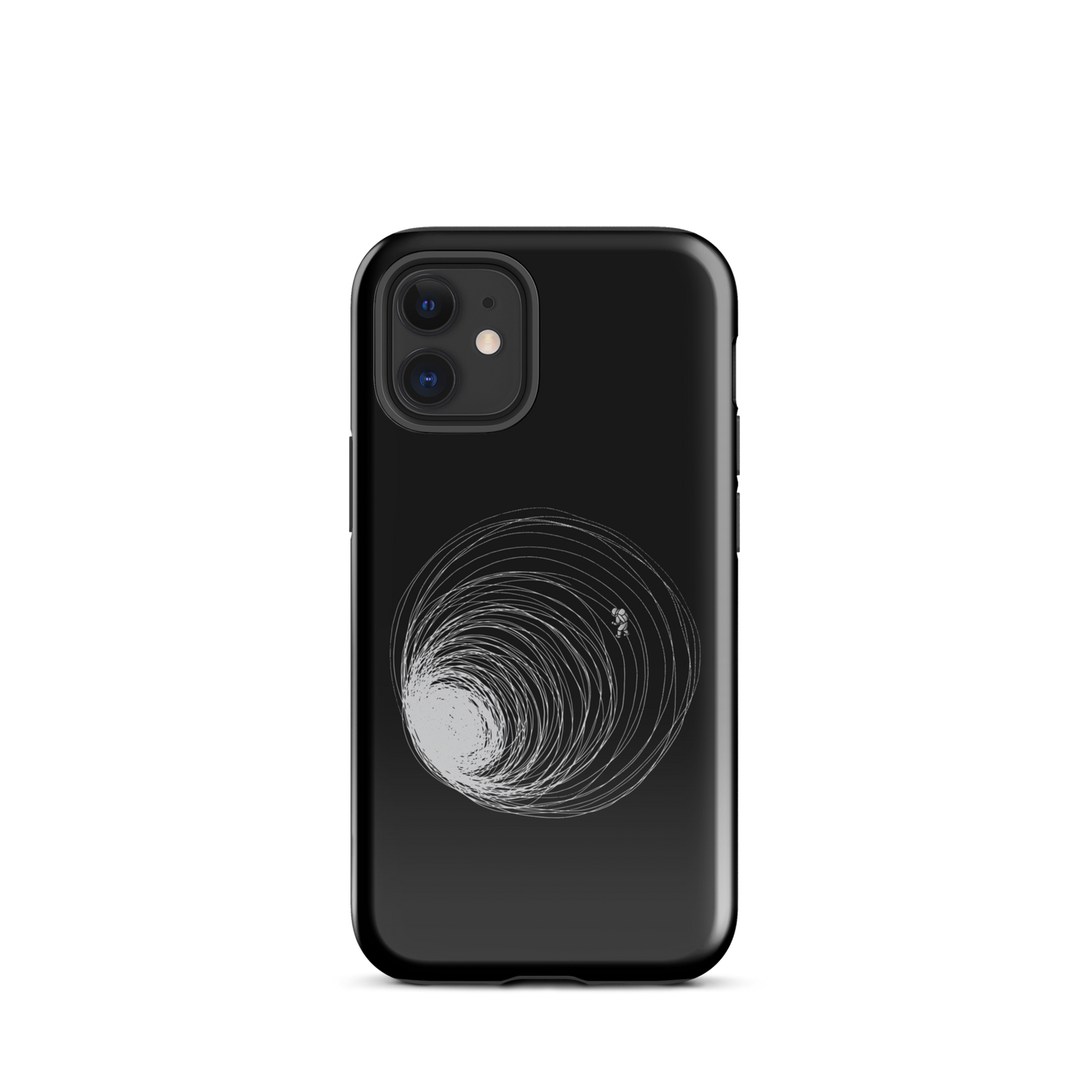 A big black hole with an astronaut floating around as if being sucked into it. A minimalist art perfect for those who love space.