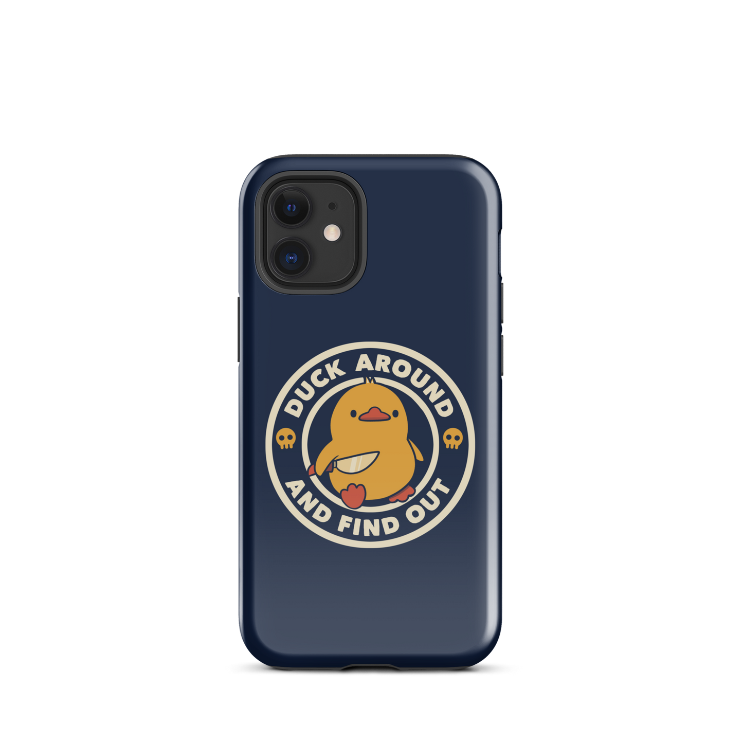 A cute yellow duck holding a small knife, around it the text "Duck Around And Find Out". An art that mixes humor with the temperament of ducks.