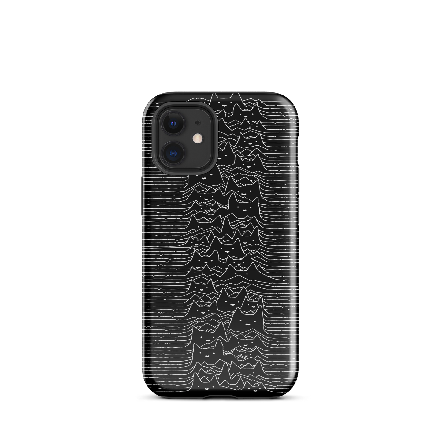 The drawing is a series of continuous wavy lines forming a pattern reminiscent of sound waves or topographic maps, but with an unexpected twist: the lines create the shapes of numerous cat faces stacked vertically. Each cat has simple, expressive features with pointed ears, adding a whimsical element to the otherwise structured pattern.