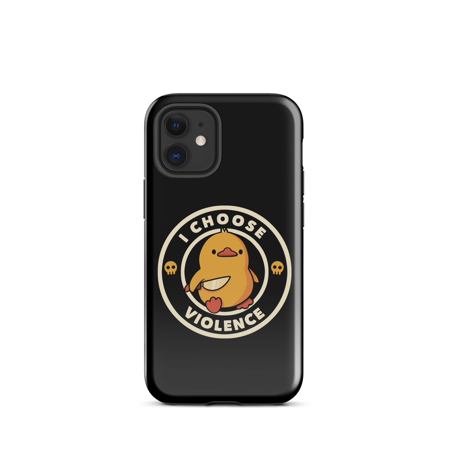 A cute, cartoon-style yellow duckling stands confidently holding a large knife in its wing. The duckling is encircled by text saying 'I CHOOSE VIOLENCE' in bold white letters. Small skull symbols flank the chick on either side, adding a touch of humor and irony to the otherwise adorable drawing.