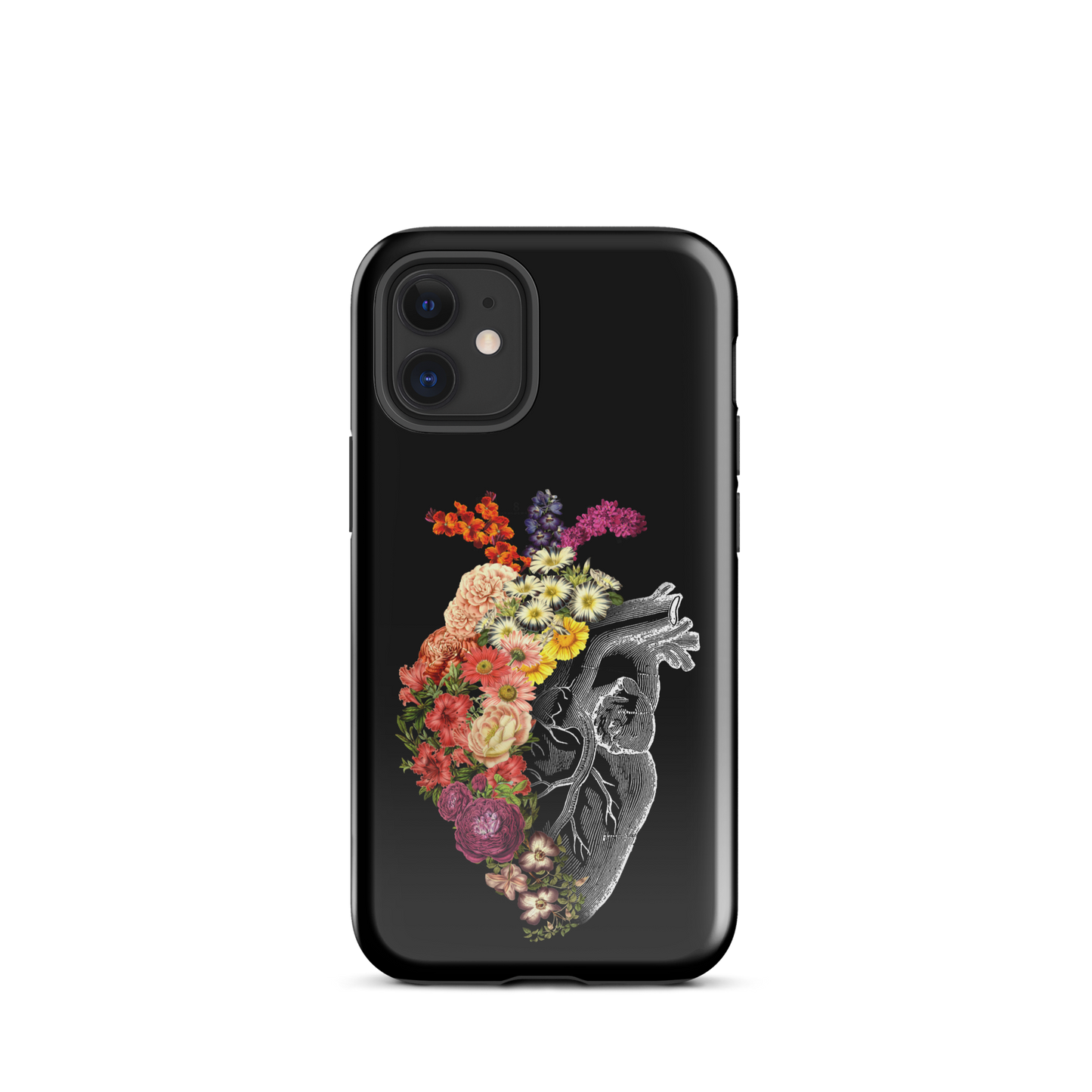 The design is an intricate and anatomical drawing of a human heart on a black background. The left side of the heart morphs into a vibrant assortment of colorful flowers, including roses, daisies, and other blooming blossoms, creating a striking contrast between the realistic and the surreal, symbolizing the harmony between nature and humanity.