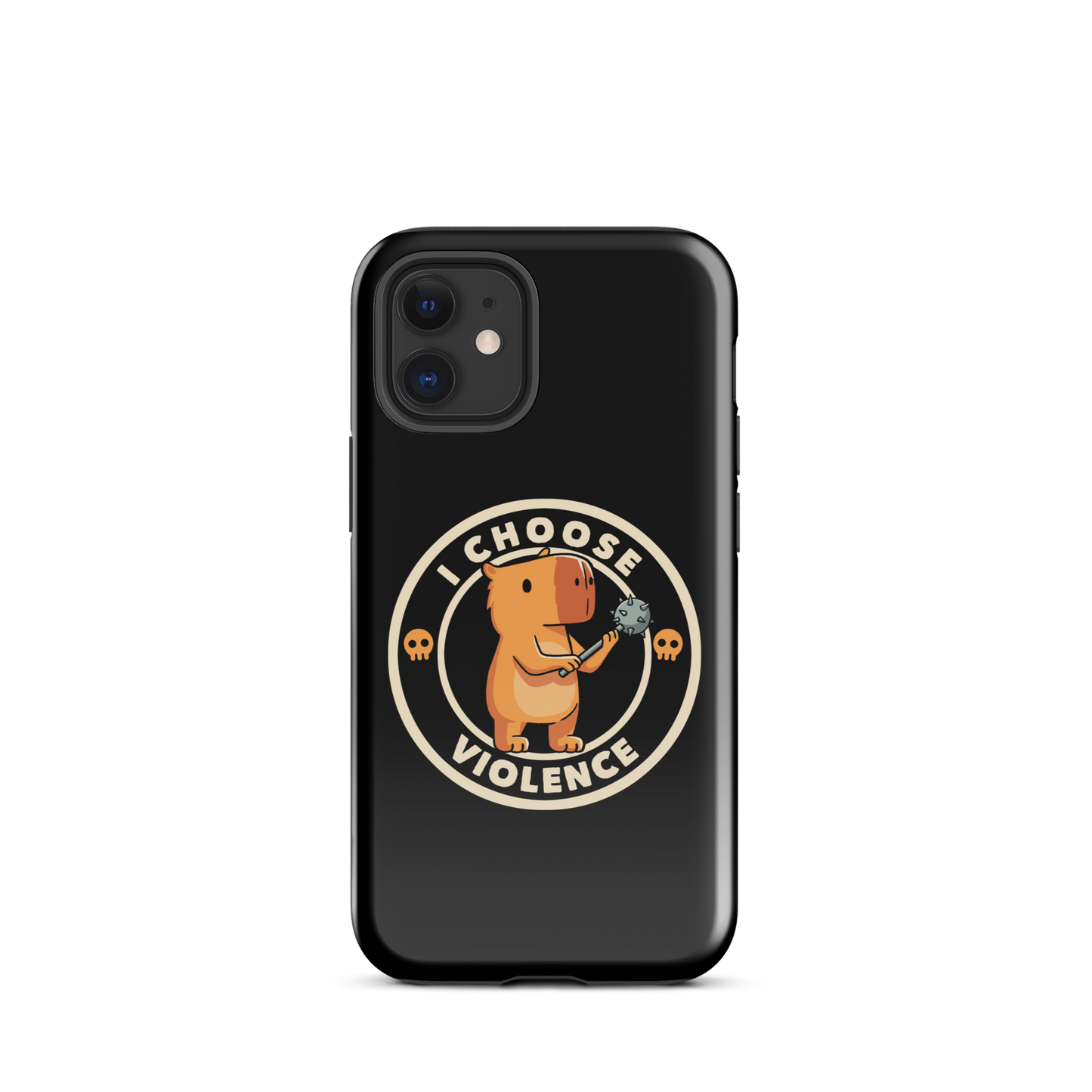 A cute, cartoonish burnt yellow capybara stands holding a spiked mace with a determined expression. Surrounding it is a circular design with the text 'I CHOOSE VIOLENCE' and two small skulls on either side, giving it a humorous yet ironic tone.