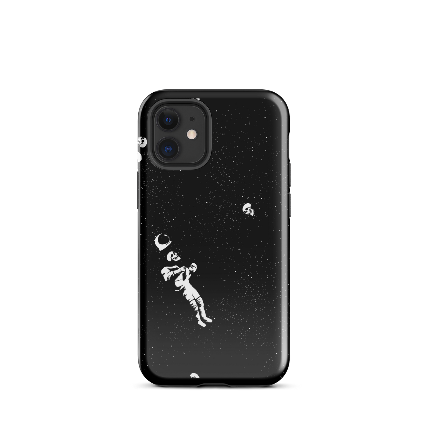 This image features a white astronaut figures floating in a dark, starry space background. The astronaut is surrounded by small celestial bodies and crescent moons, giving a sense of drifting through the cosmos. The design is intricate and has a whimsical, dreamy quality, with a vintage-inspired look, evoking a sense of exploration and wonder.