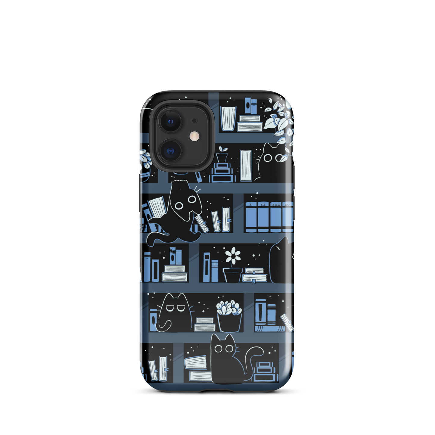 A pattern designed to resemble one large bookshelf filled with books, plants and playful little black kittens tucked between the shelves. An artwork in shades of black and blue, perfect for those who love cats, books and plants.