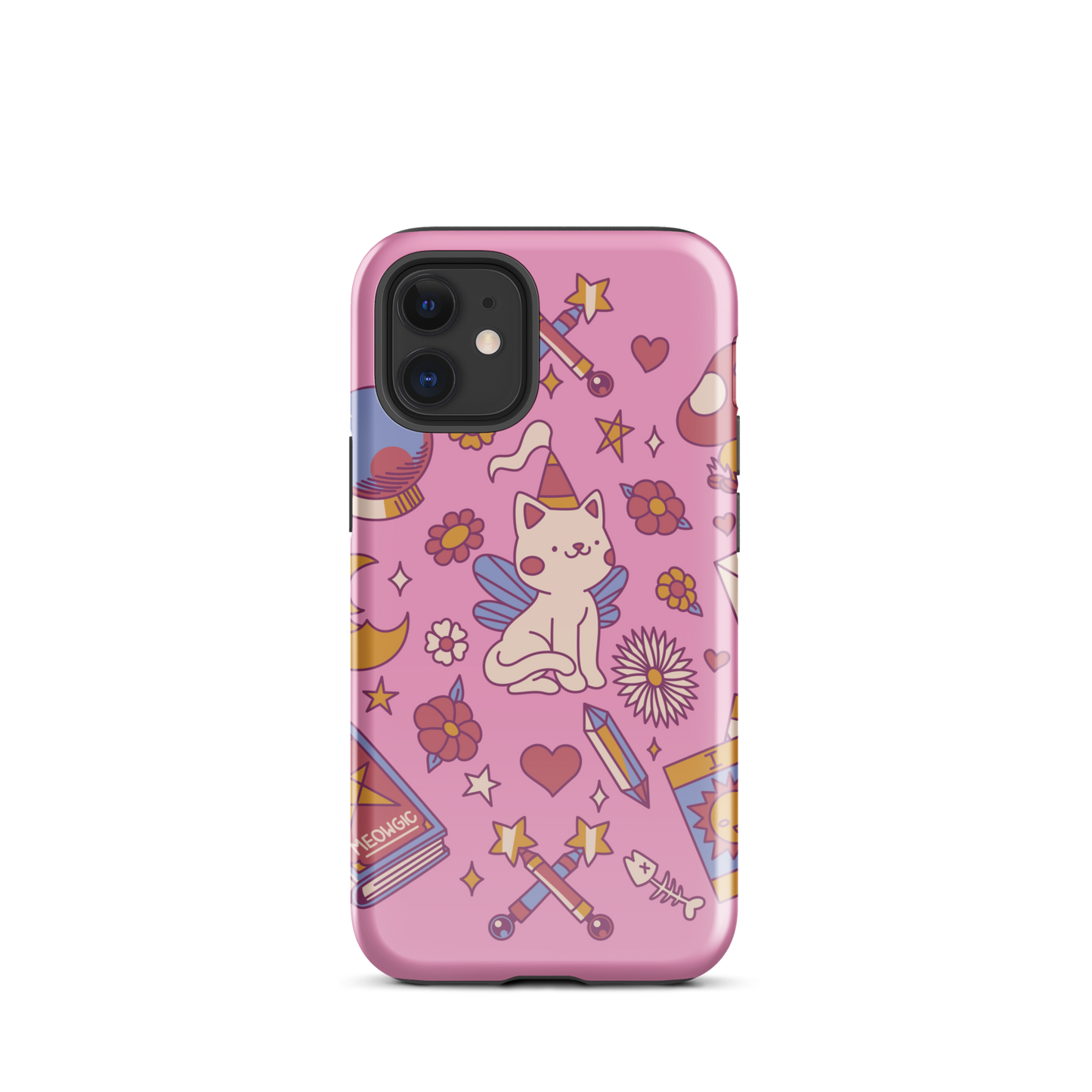 The artwork depicts a magical kitten with wings and a little hat, surrounded by crystals, flowers, tarot cards, mushrooms, and mystical elements in pastel shades. The design blends cute fantasy with colorful witchy aesthetics, creating an enchanting, lighthearted composition full of fun details. Perfect for lovers of cute mysticism, tarot, magical cats, and anyone who enjoys colorful prints with a magical vibe.