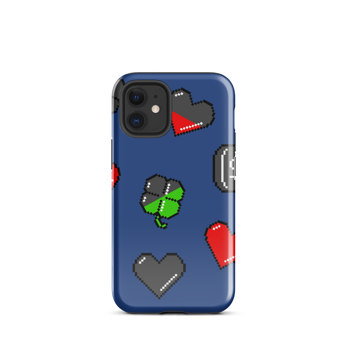 A repeating pattern made of 8-bit video game icons like hearts, four-leaf clovers, and coins. A nostalgic pixel art design inspired by classic games and retro digital culture.