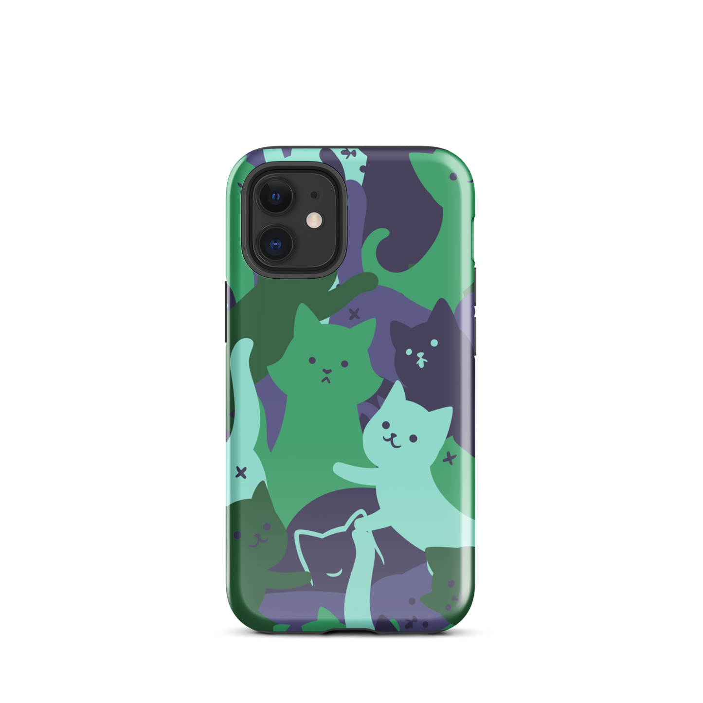 A playful pattern featuring multiple kittens in shades of green and blue, arranged to create a soft camouflage effect. This design blends cute cats with a modern pattern aesthetic, perfect for fans of fun, stylish, and whimsical art.